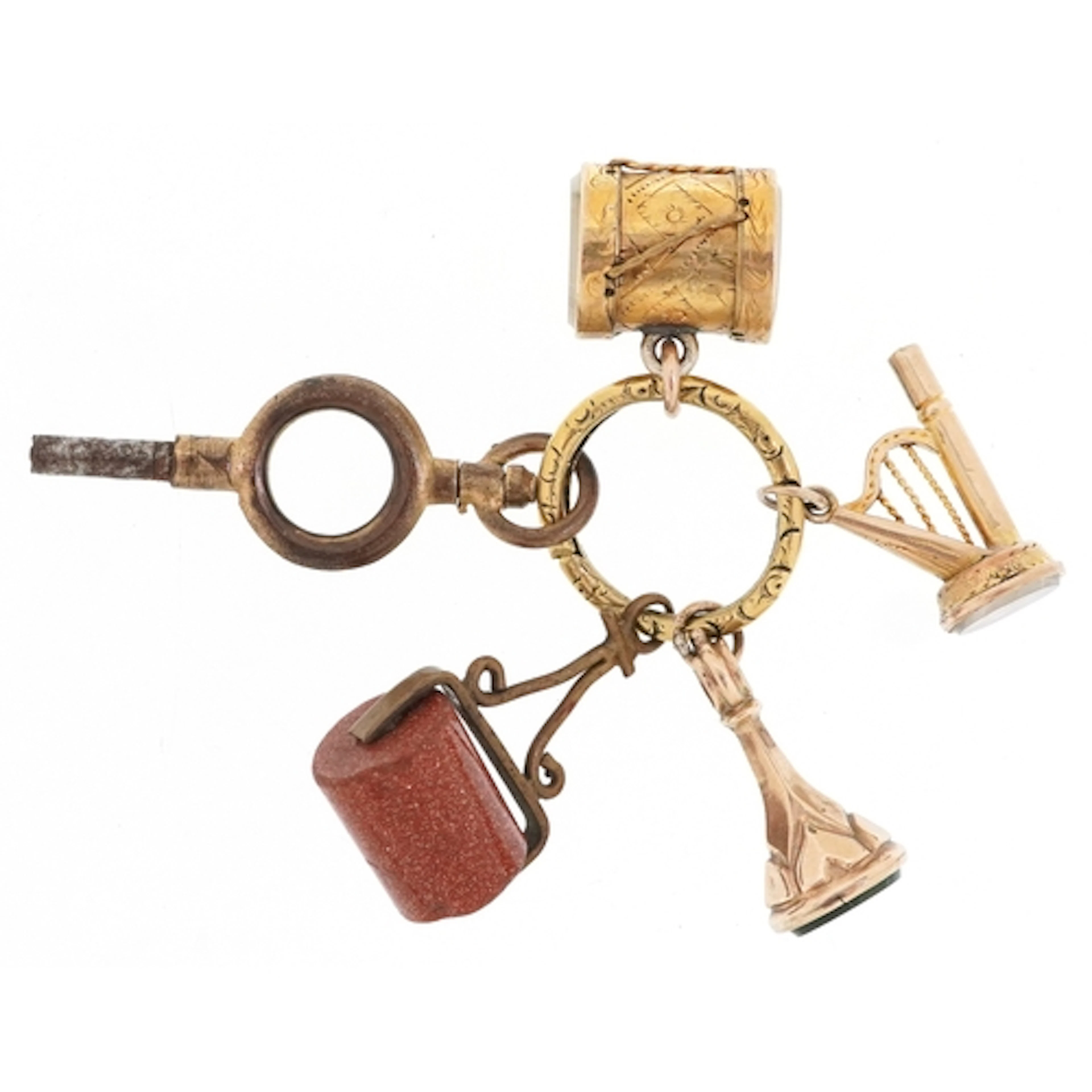 Five antique pocket fobs on a Georgian yellow metal split ri...