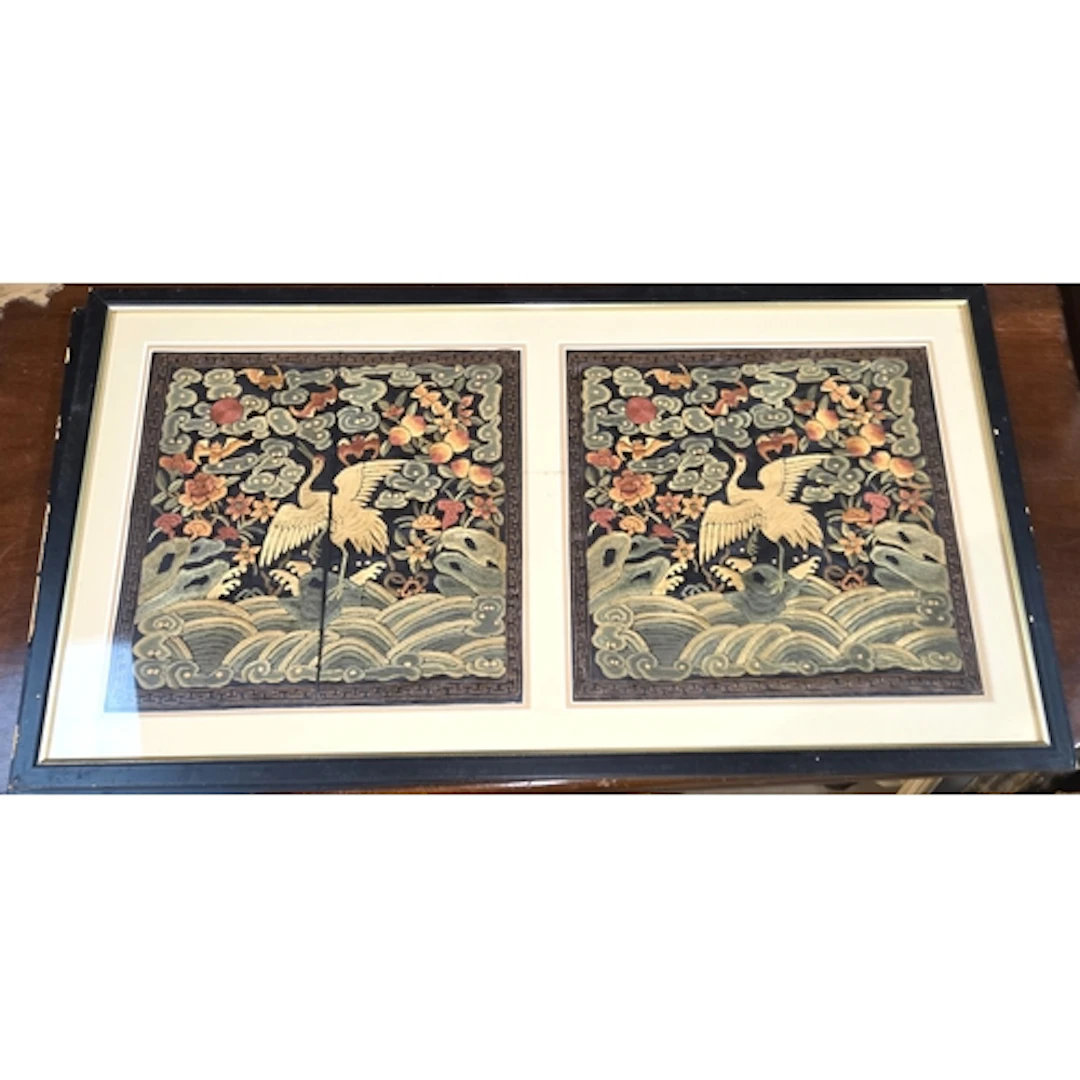 A pair of Chinese silk embroidered rank badges featuring a c...