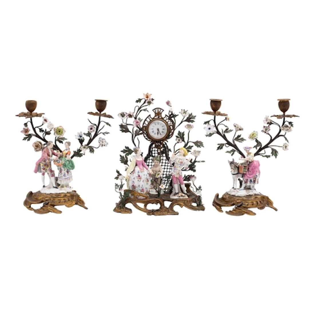 A late 19th century ormolu and porcelain-mounted clock garni...