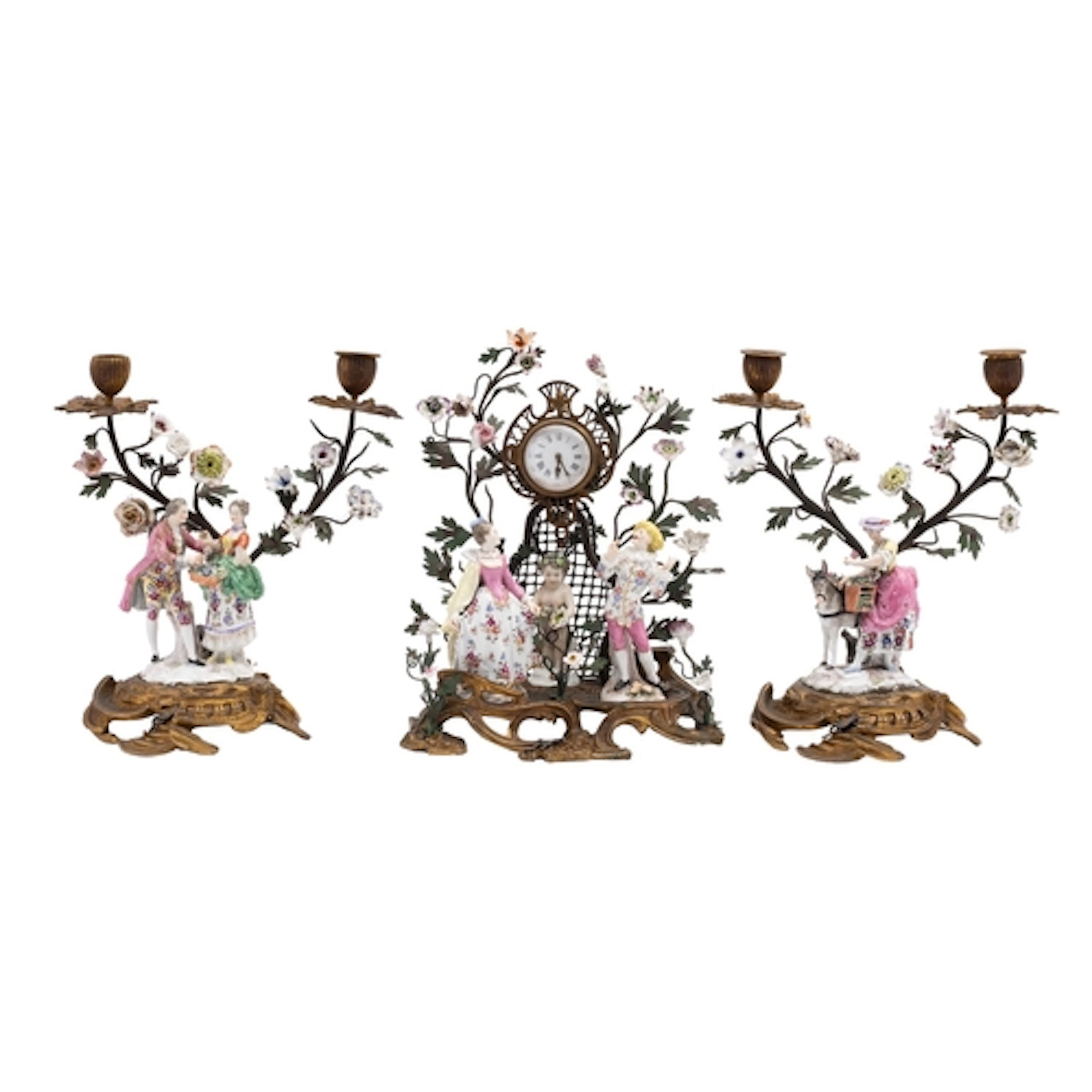 A late 19th century ormolu and porcelain-mounted clock garni...