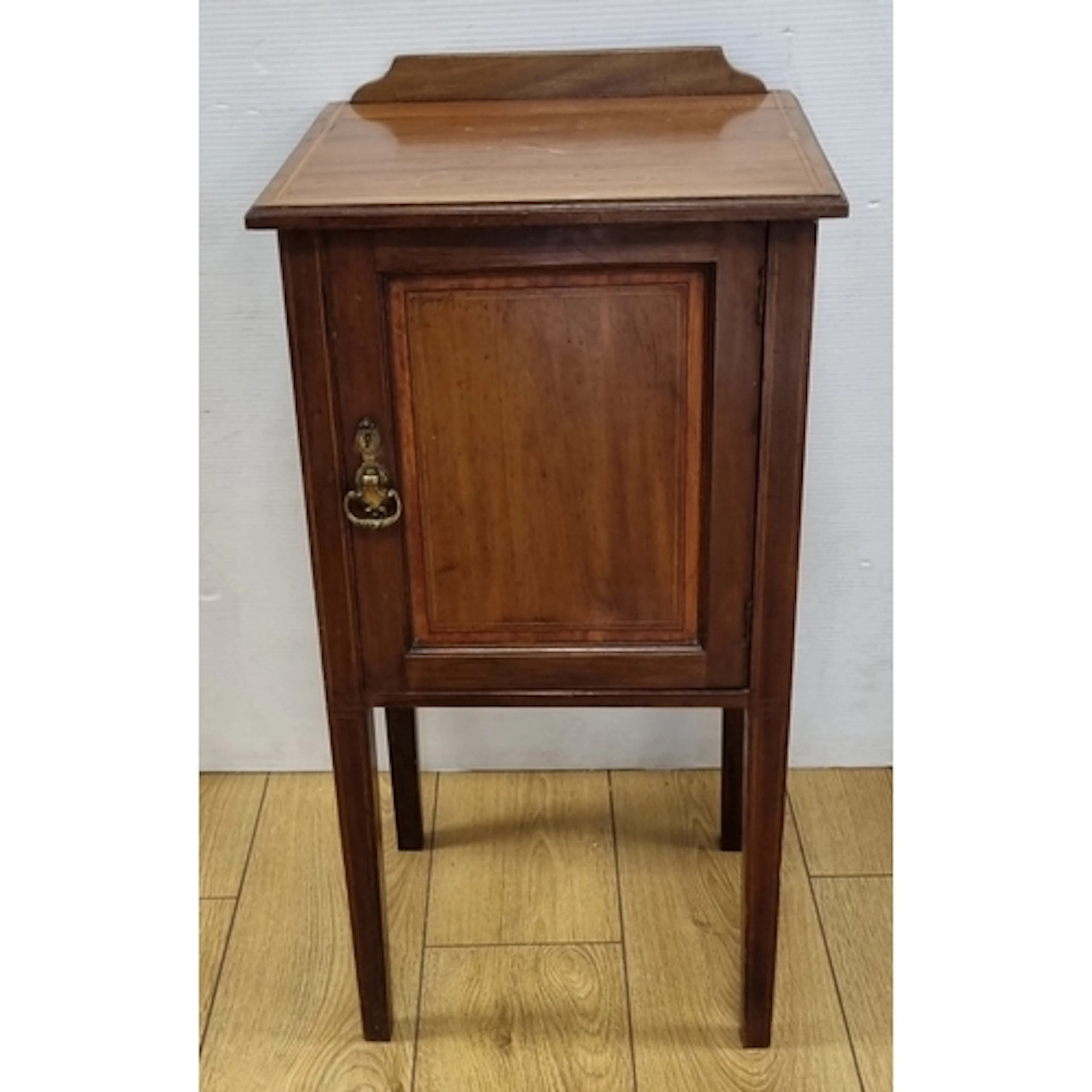 Mahogany bedside cabinet with panelled door, brass ring hand...