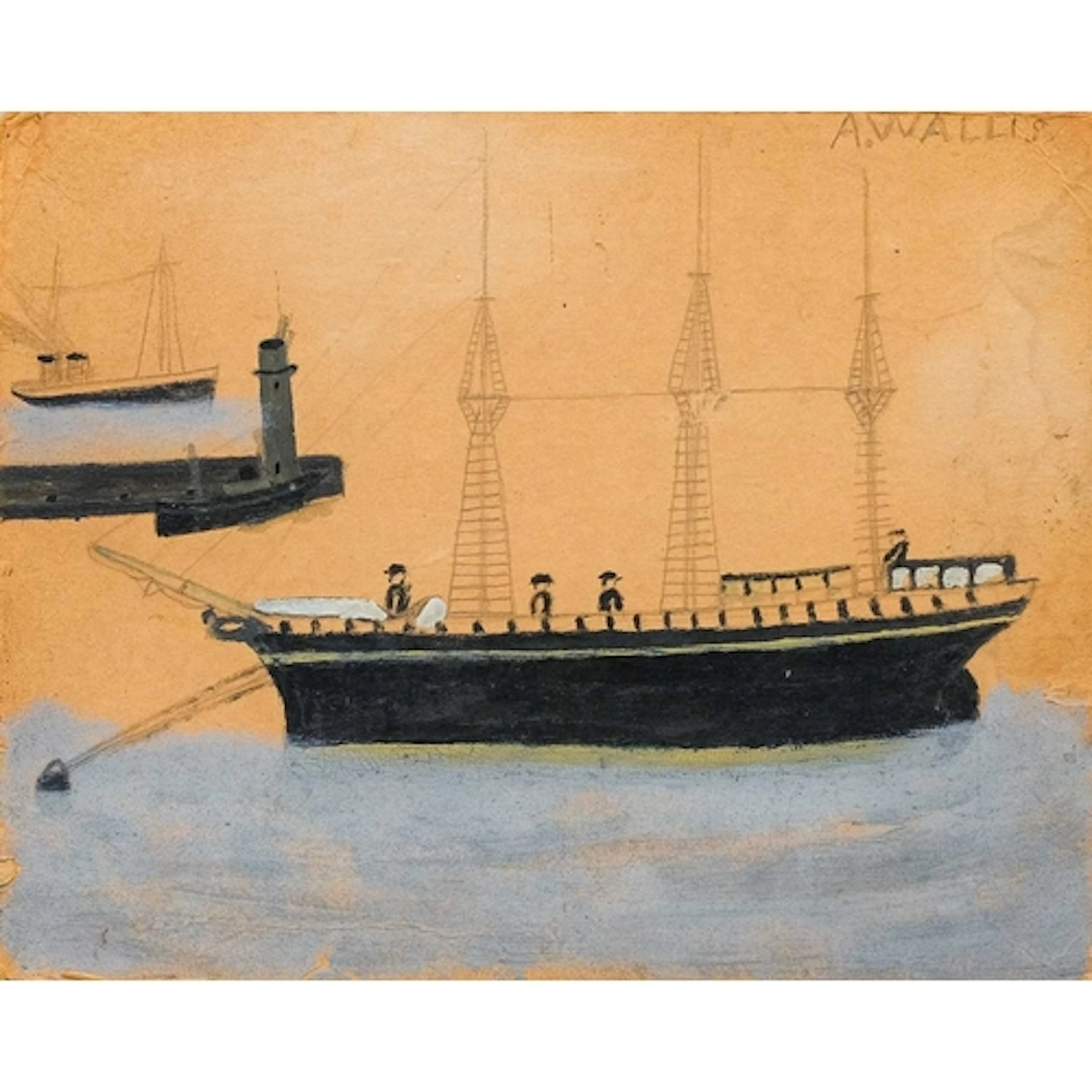§ Alfred WALLIS (1855-1942) Three Ships and a Lighthouse Pe...