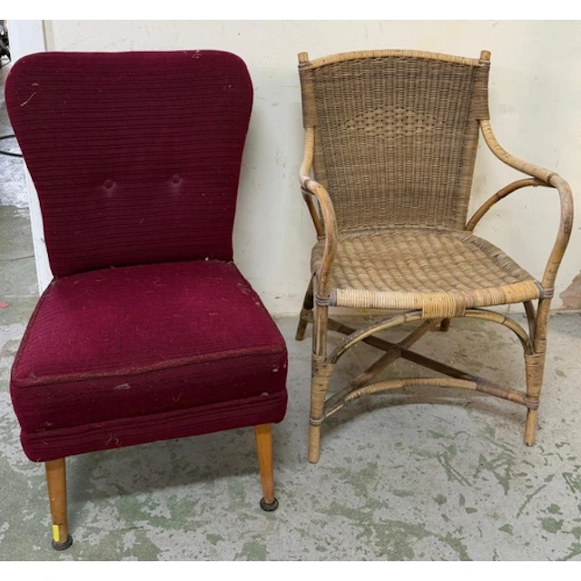 Two Occasonal chairs, Wicker cane chair and a mid century ch...