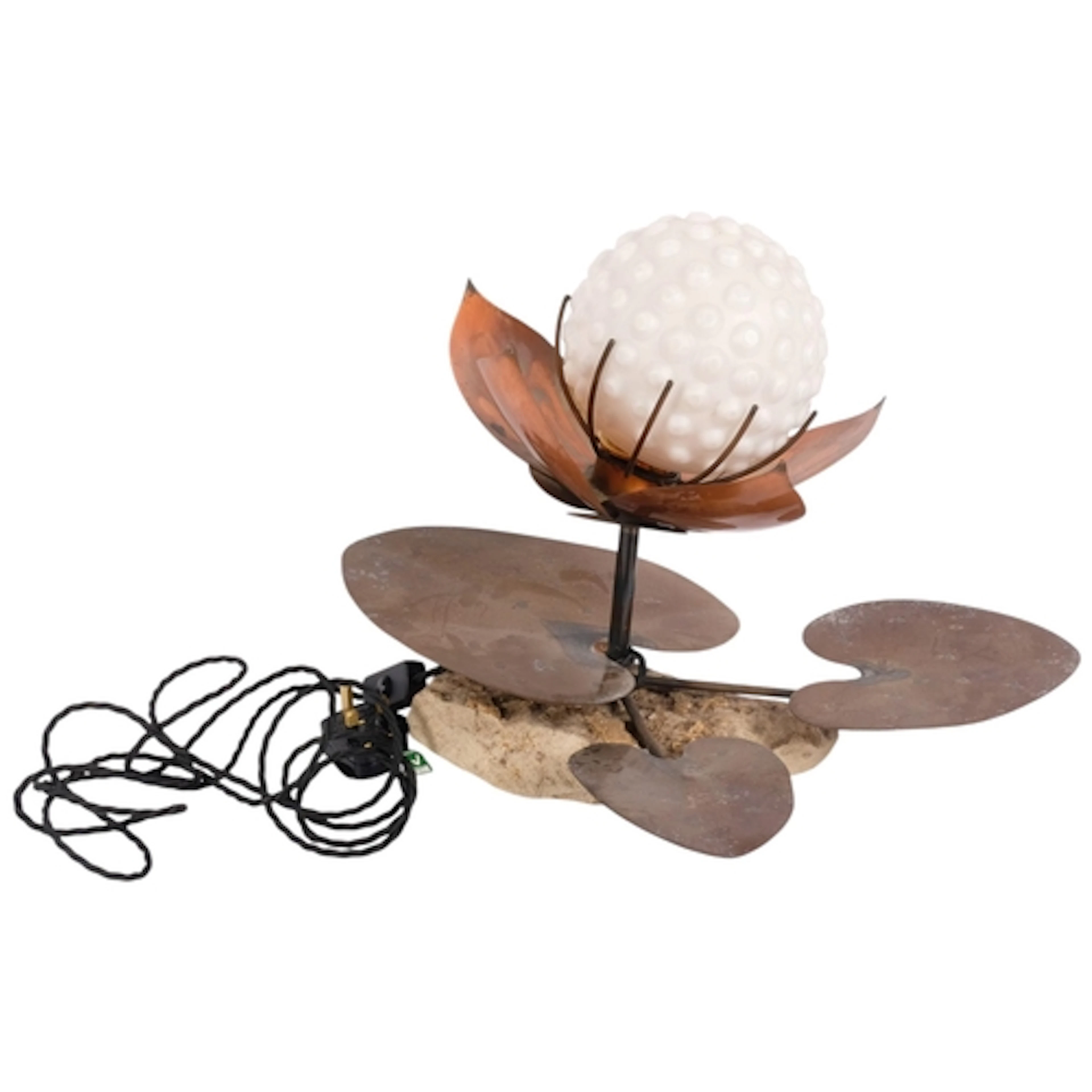 A brass desk lamp on stone base, modelled as a water lily, w...