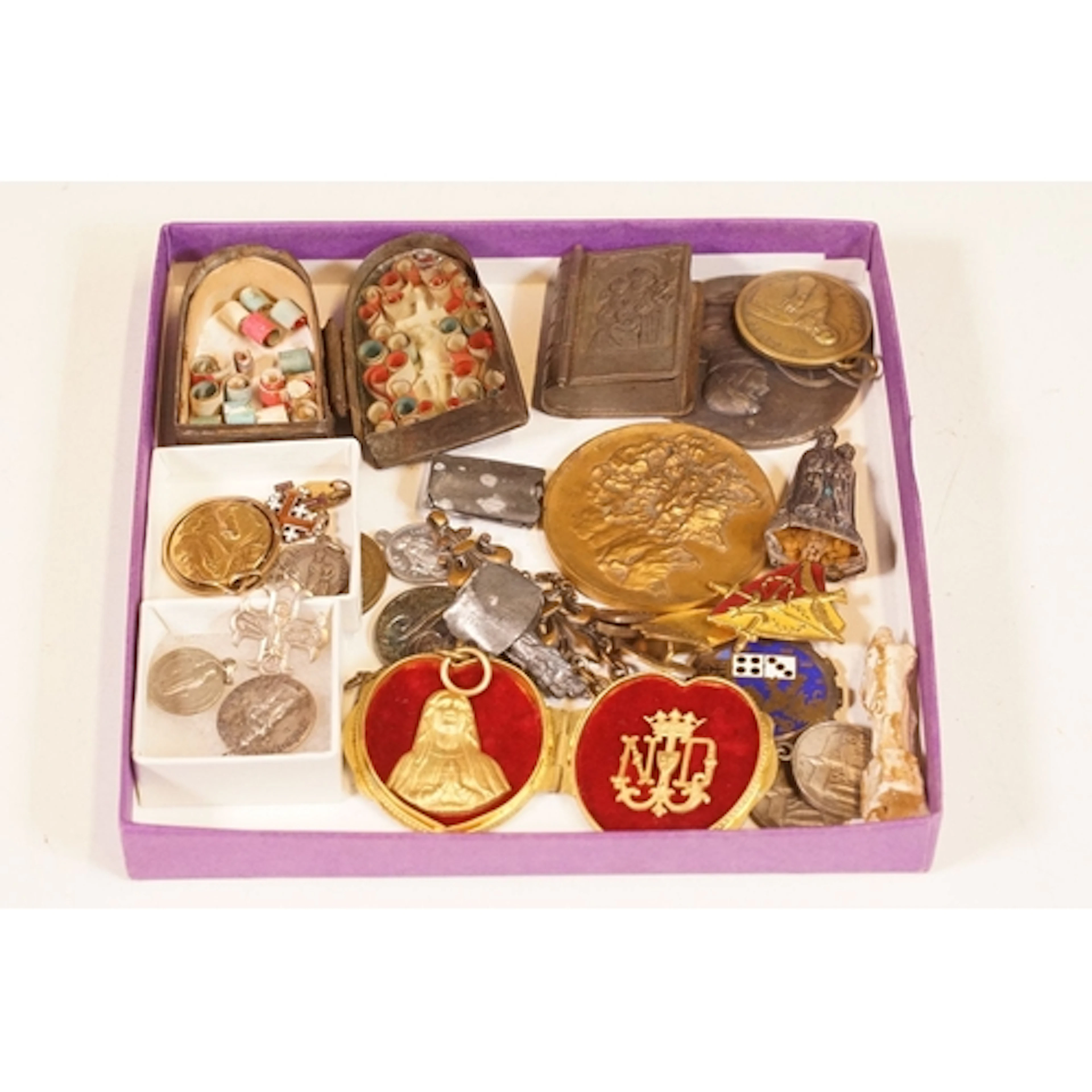 Quantity of antique religious items to include medals togeth...