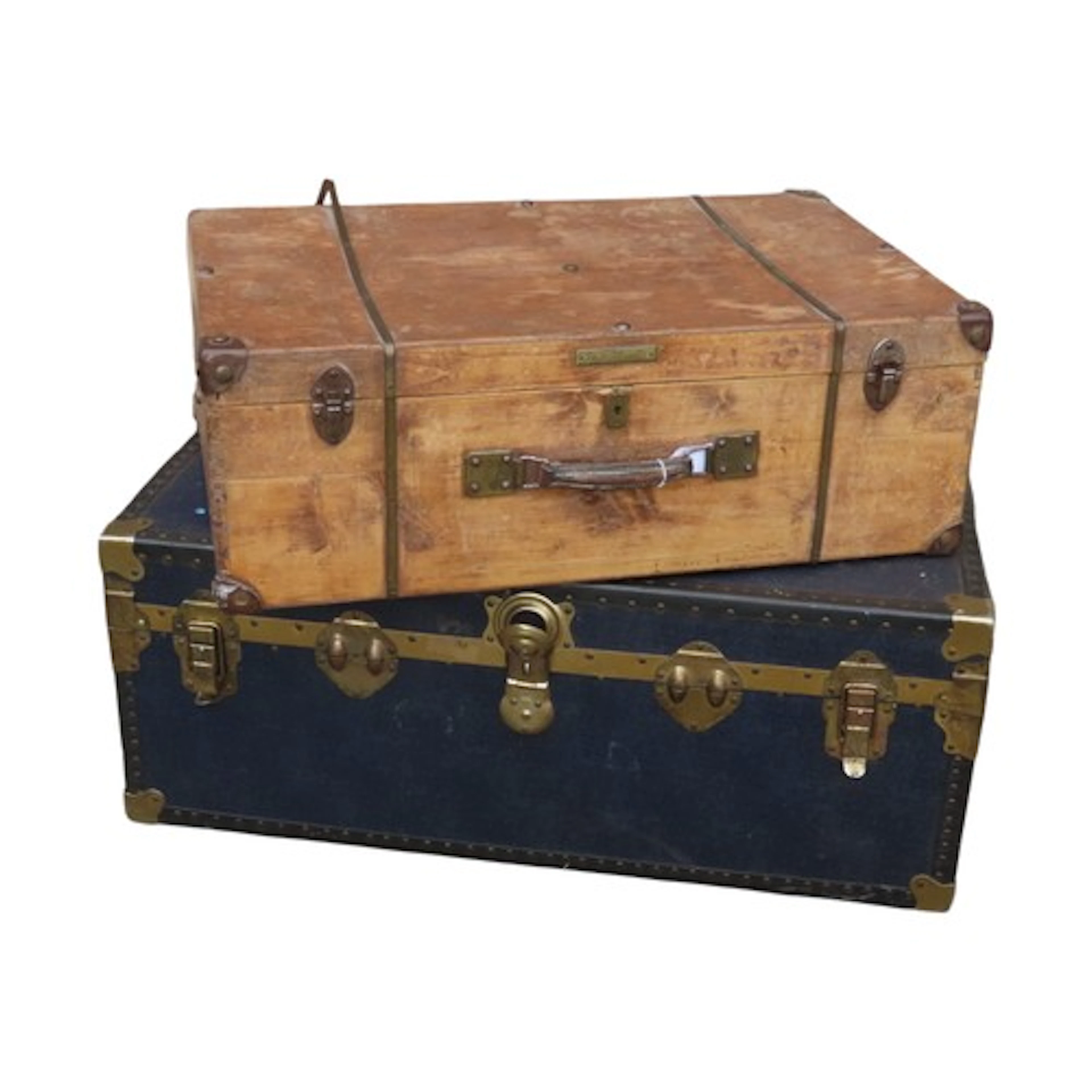 A vintage pine brass bound trunk/case together with a cabin ...