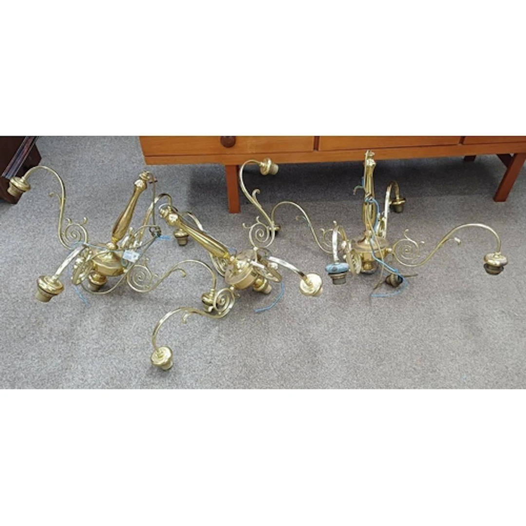 SET OF 3 20TH CENTURY 4 BRANCH GILT METAL CHANDELIERS