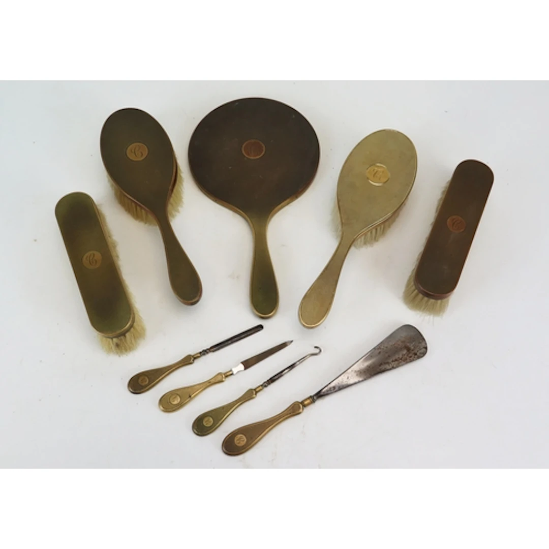 Early 20th Century gilt metal vanity set with engine turned ...