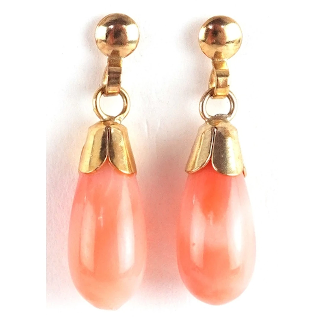 Pair of yellow metal coral drop earrings marked 9ct gold to ...