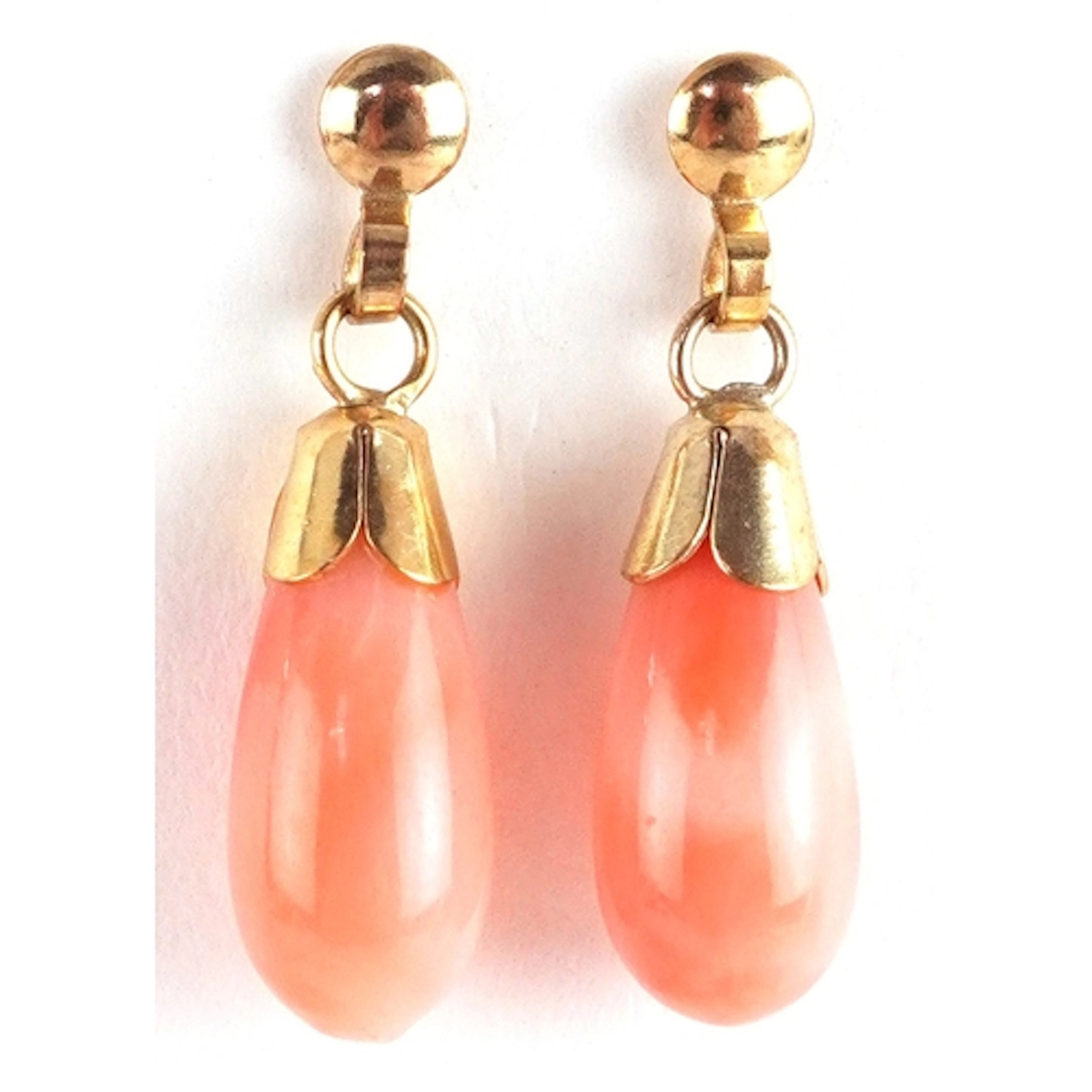 Pair of yellow metal coral drop earrings marked 9ct gold to ...