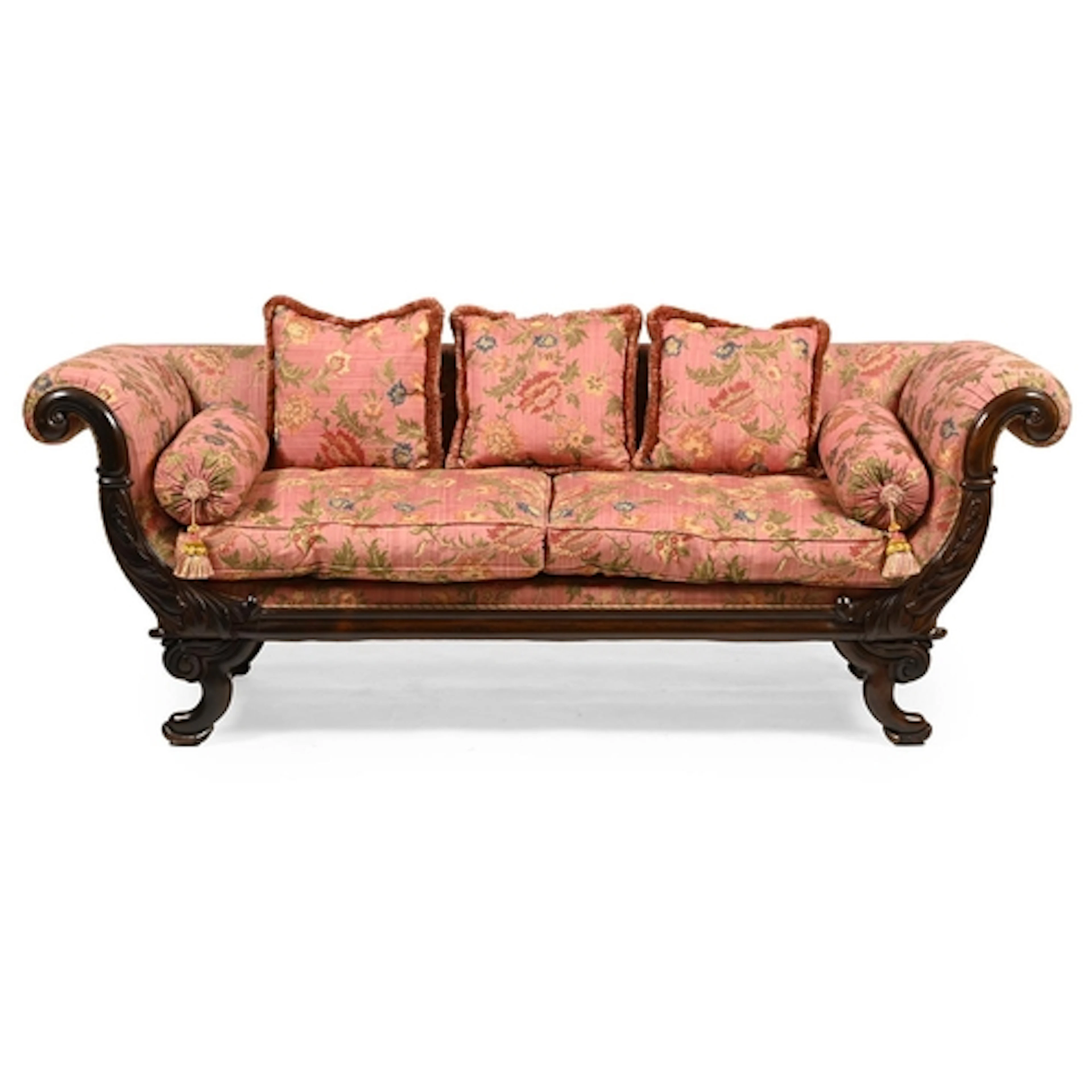 An early Victorian rosewood and upholstered scroll arm sofa,...