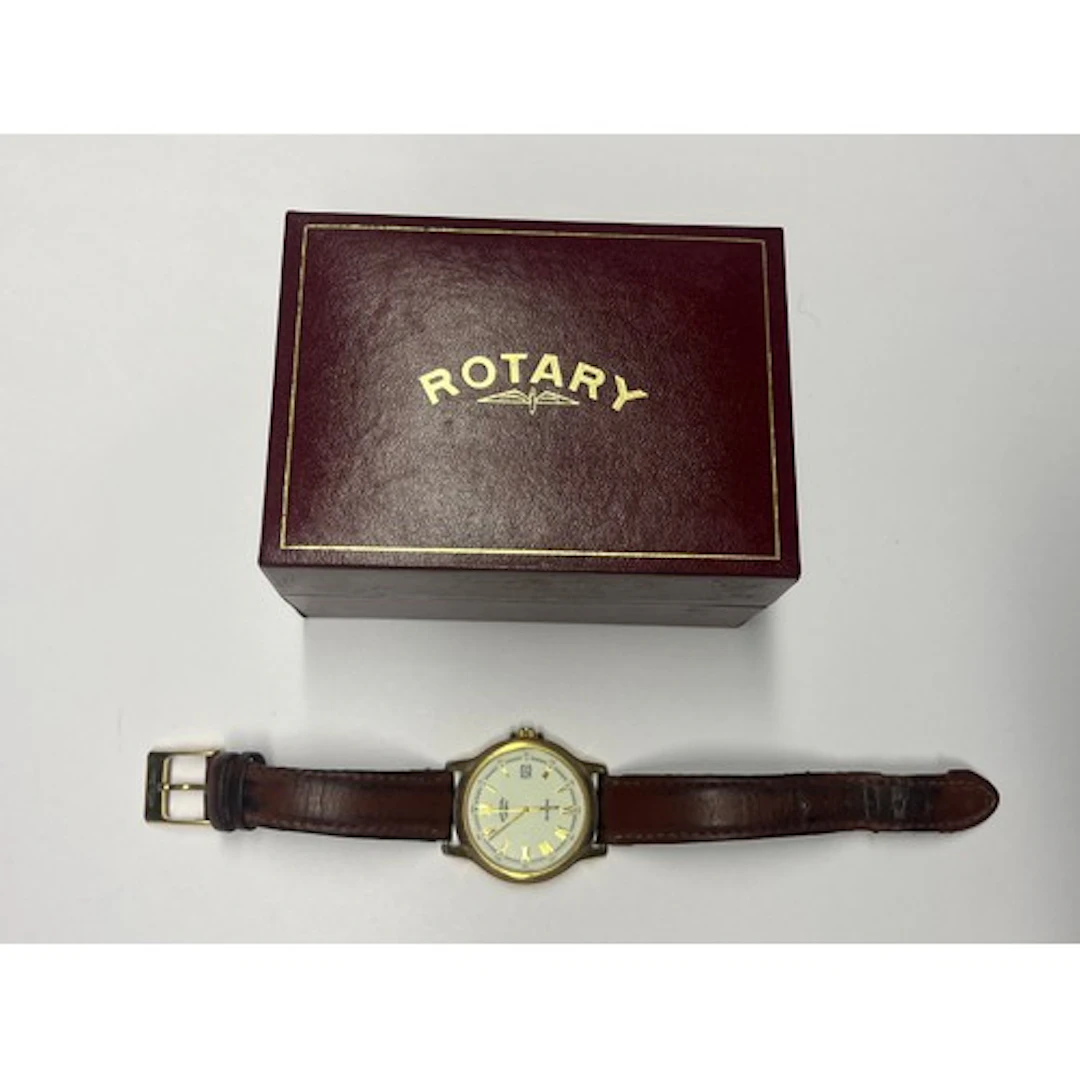 Gents Rotary watch on a brown leather strap, boxed.