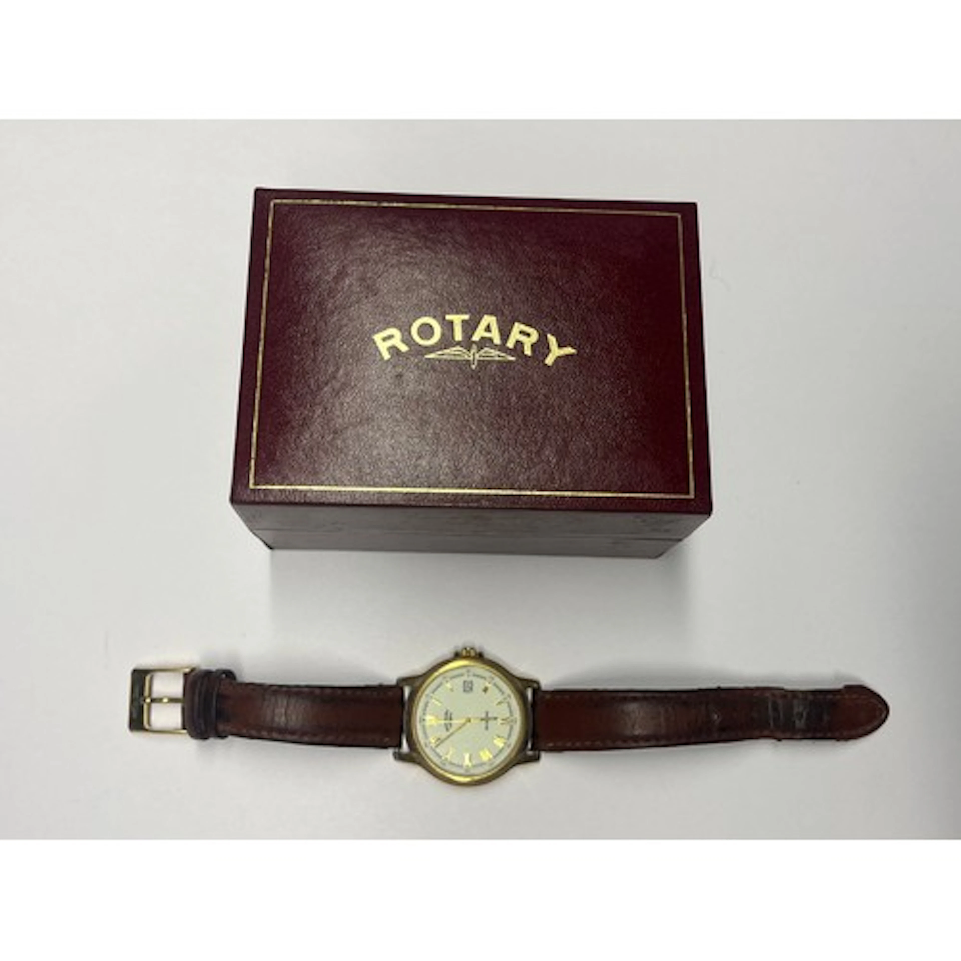 Gents Rotary watch on a brown leather strap, boxed.