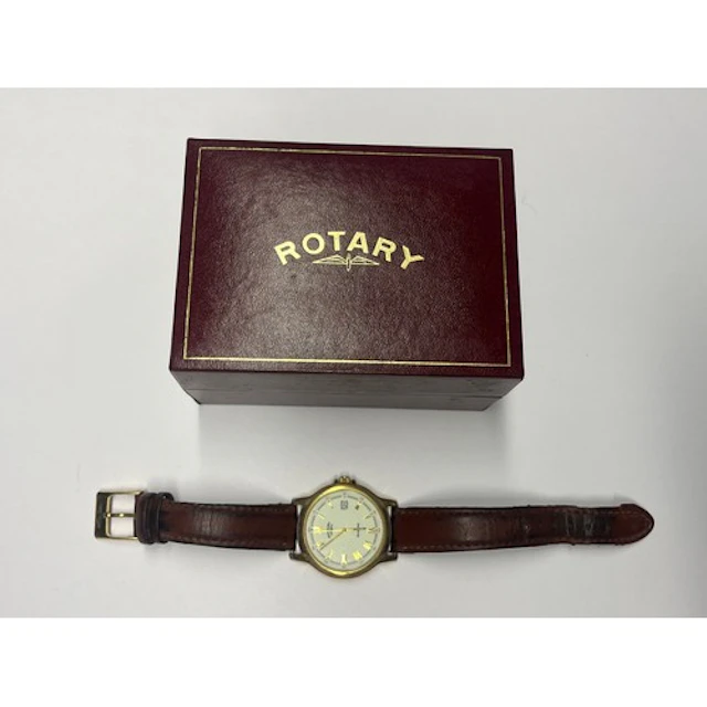 Gents Rotary watch on a brown leather strap, boxed.
