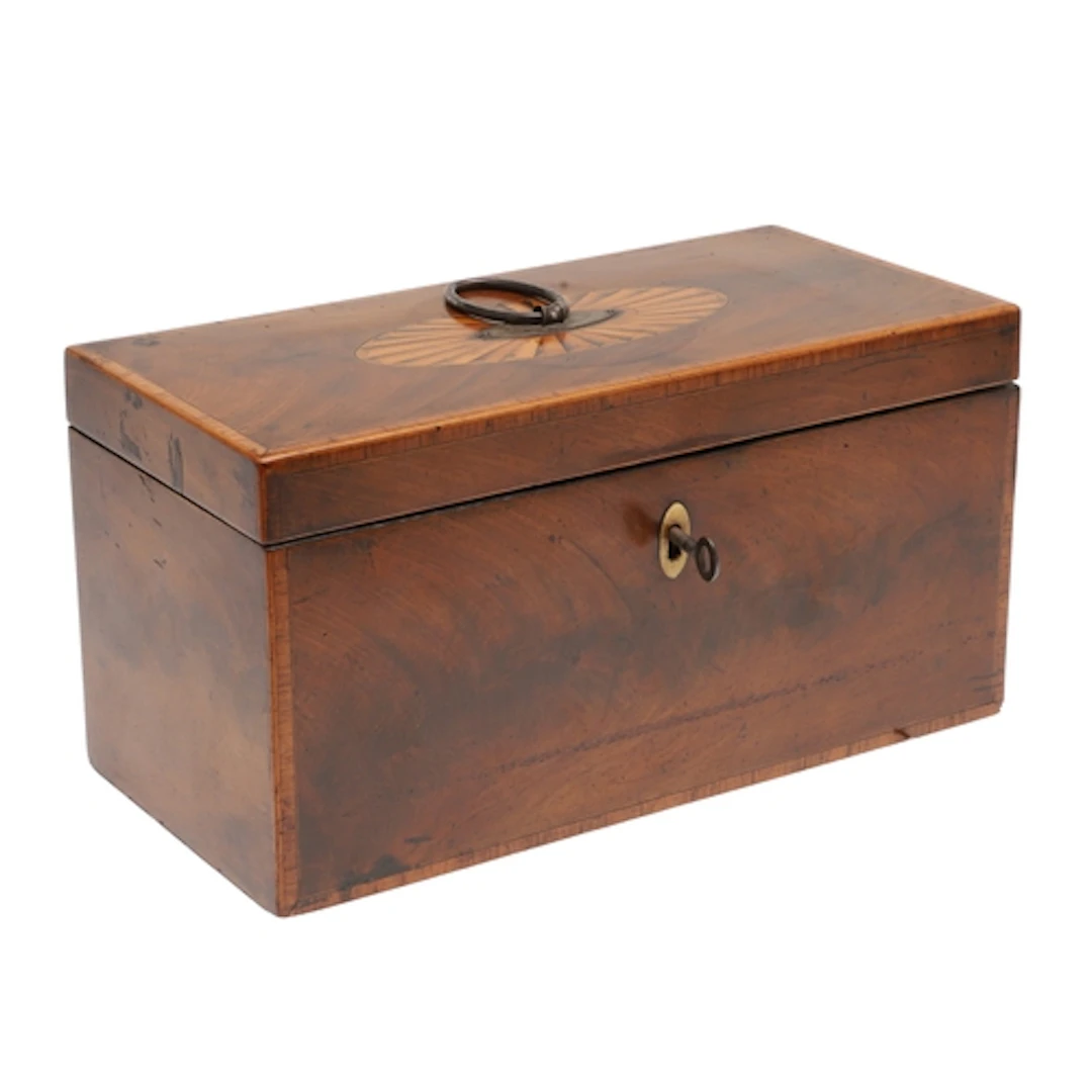 A GEORGE III MAHOGANY & SATINWOOD INLAID TEA CADDY. the hing...