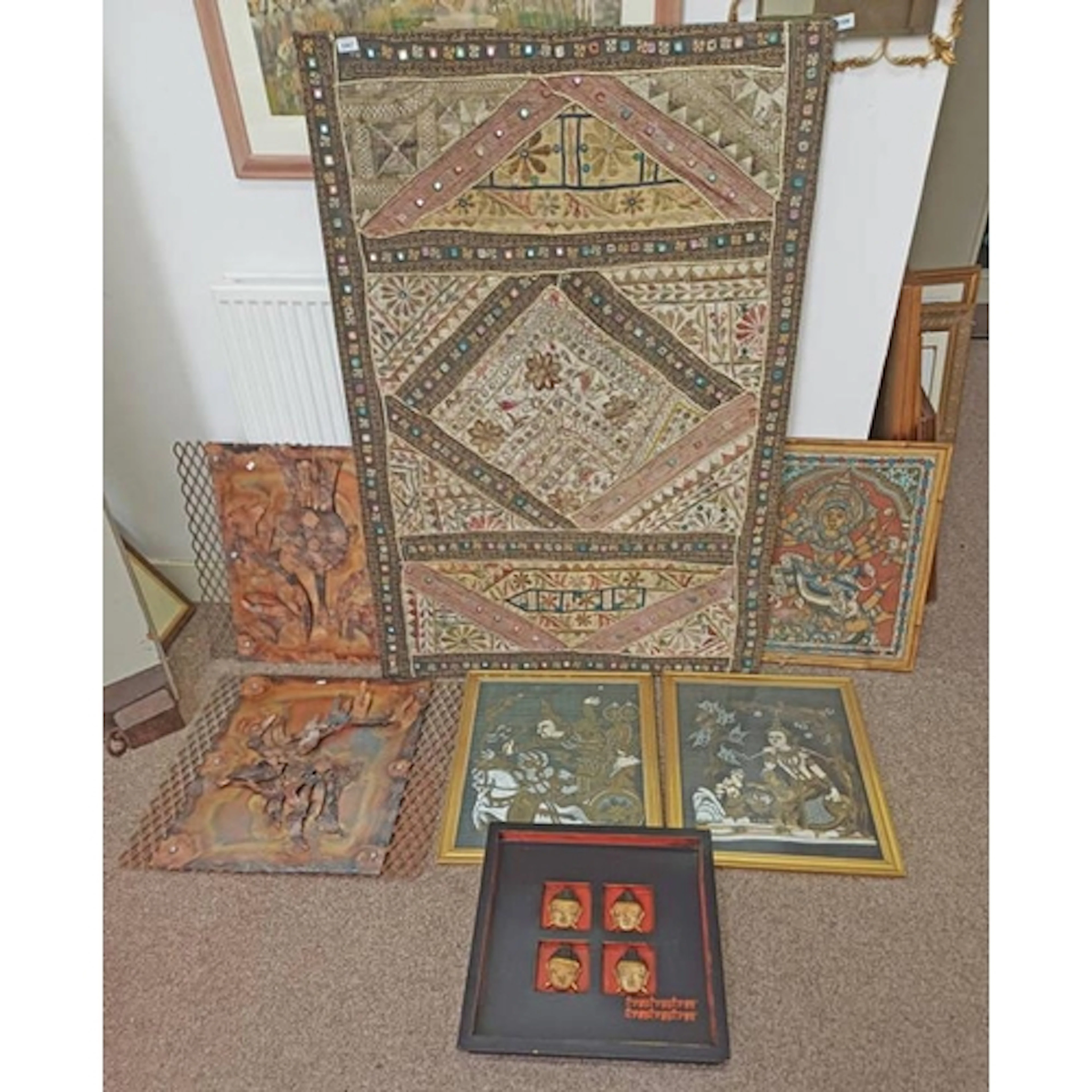 LARGE NEEDLEWORK PICTURES, ARTS AND CRAFTS METALWORK PICTUR...