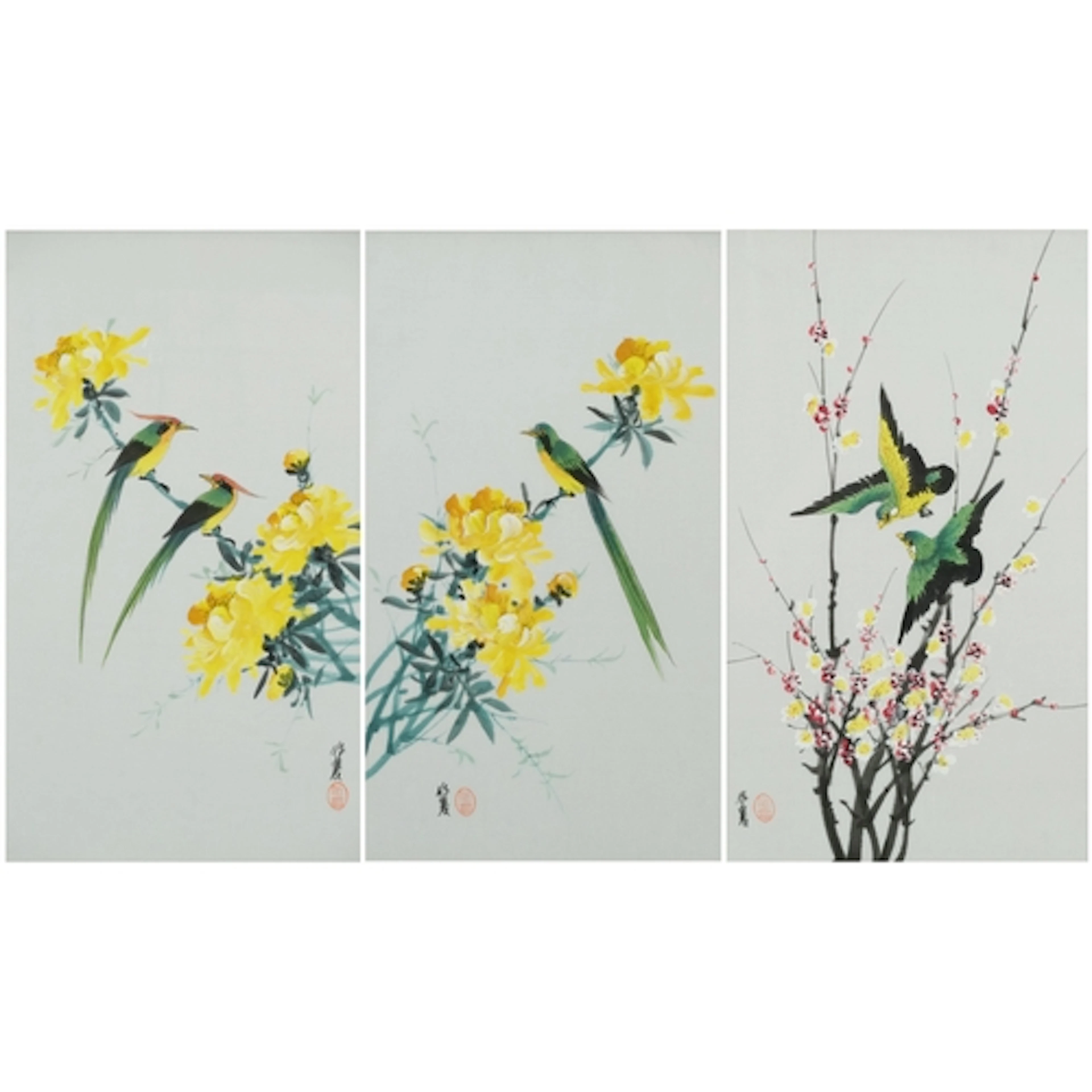Three Chinese hand painted silk pictures of birds perched on...