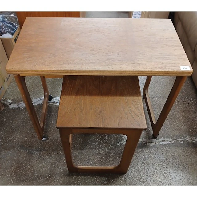 Mid century teak fold over trolley with single nesting table...