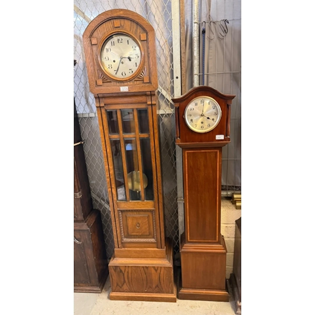 Edwardian inlaid mahogany Grandmother clock, having silvered...