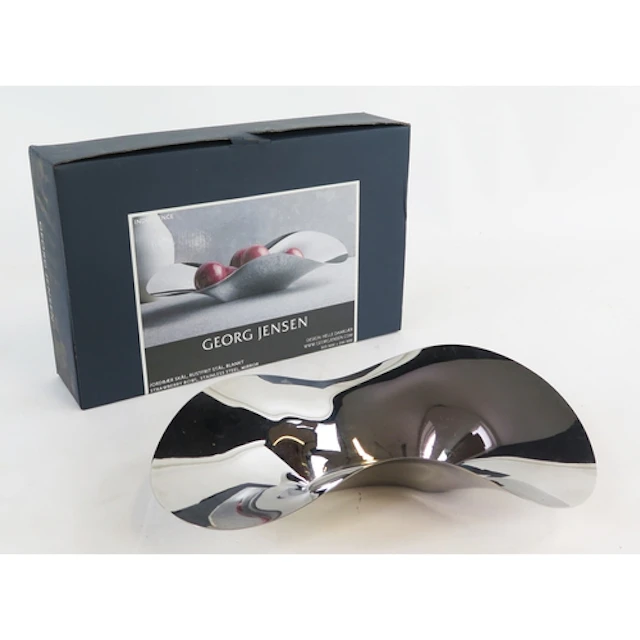 Georg Jensen, three curved polished steel strawberry bowl, b...