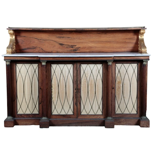 A Regency marble topped rosewood breakfront side cabinet, ci...