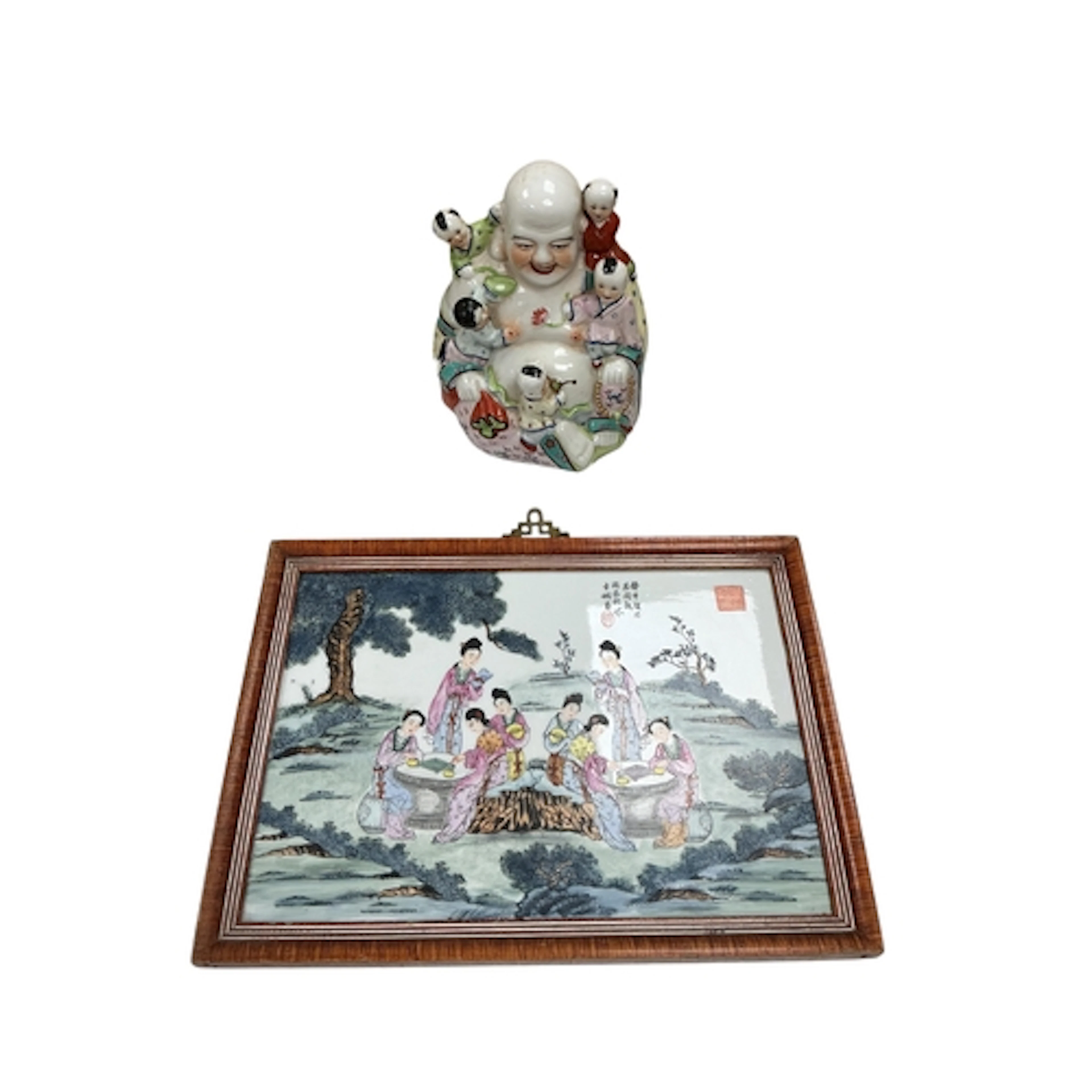 A Chinese enamelled figural porcelain plaque, framed, togeth...