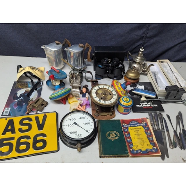 A mixed lot to include Picquot ware pots, a pair of binocula...