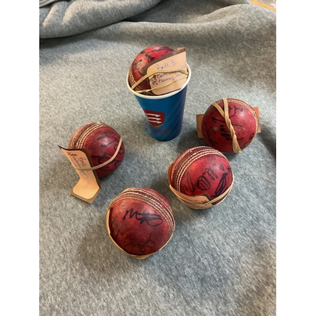 Five signed Cricket balls all signed and used at County matc...