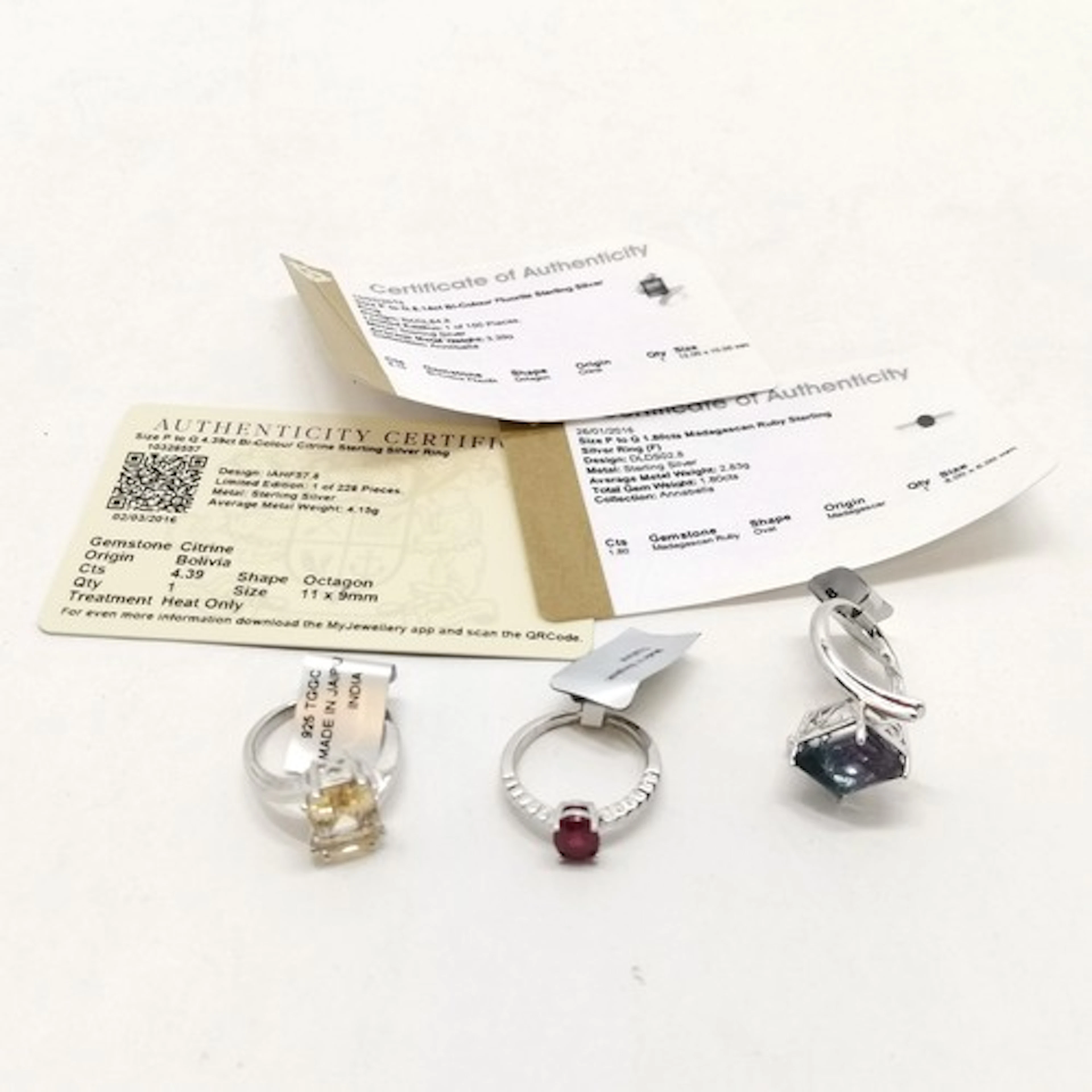 3 x silver gemstone set rings - Madagascan ruby (1.8ct), Bi-...