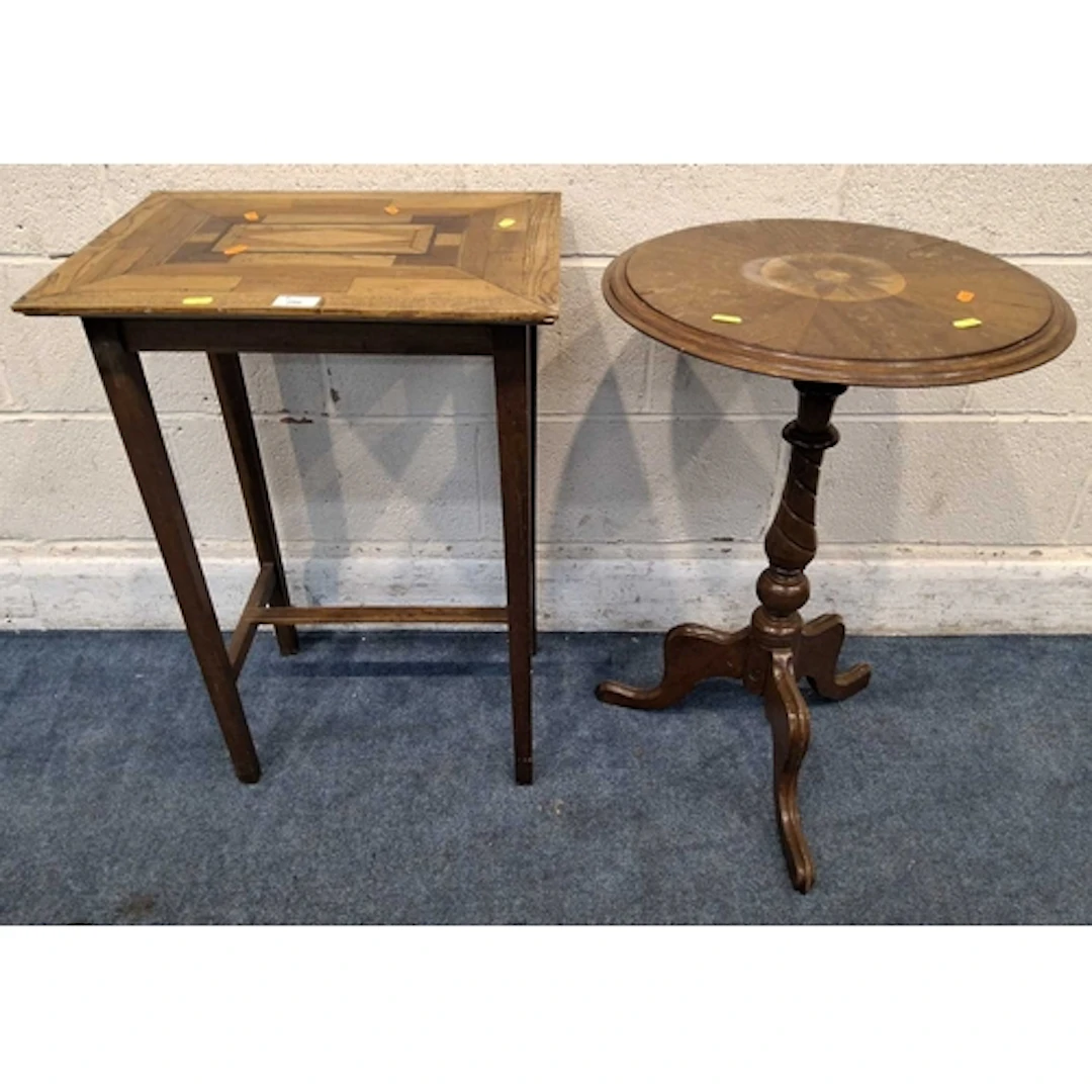 AN OAK RECTANGULAR OCCASIONAL TABLE, with a parquetry top, a...