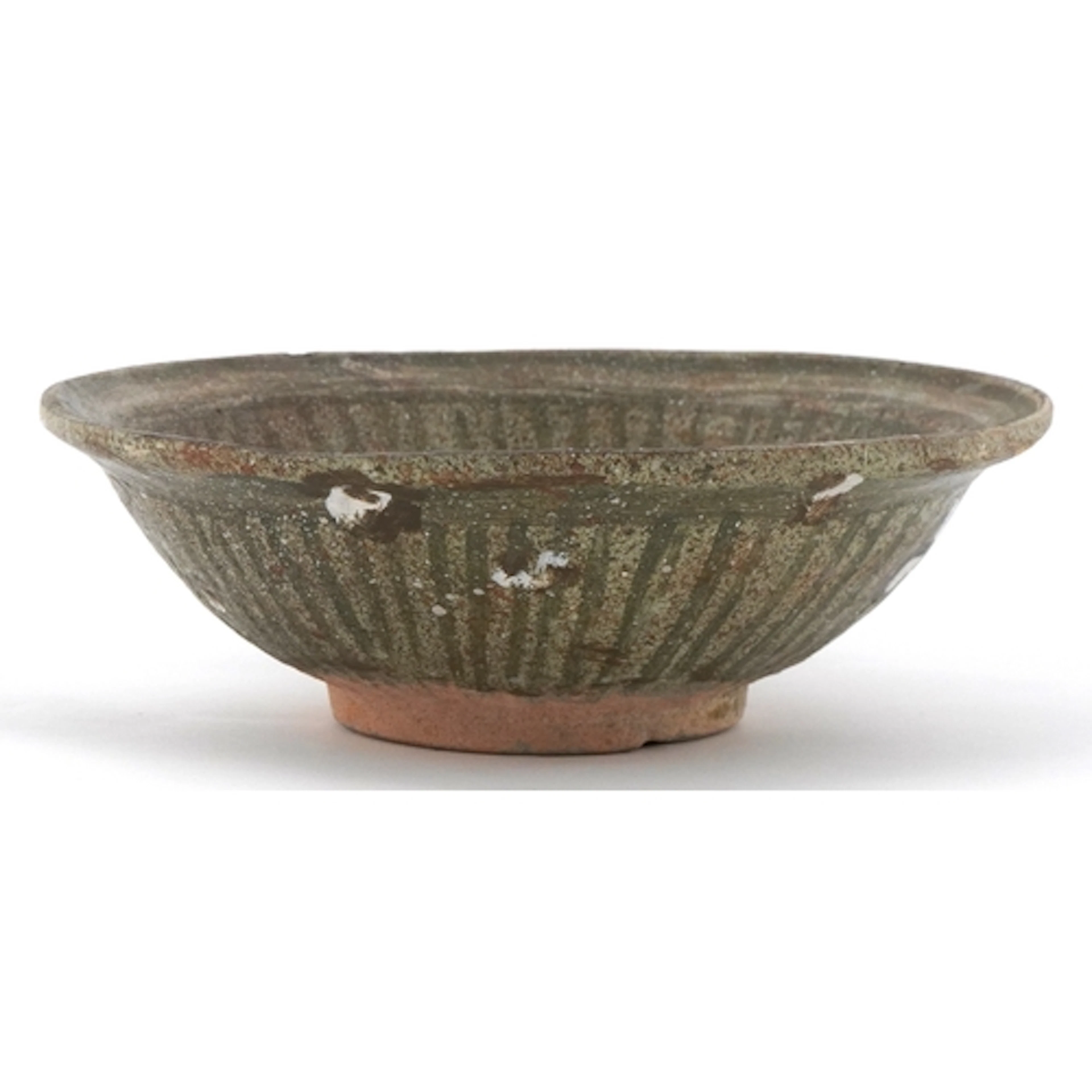 Antique Thai pottery celadon bowl hand painted with green ve...