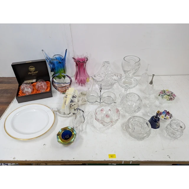 Glass and collectables to include two coloured art glass vas...