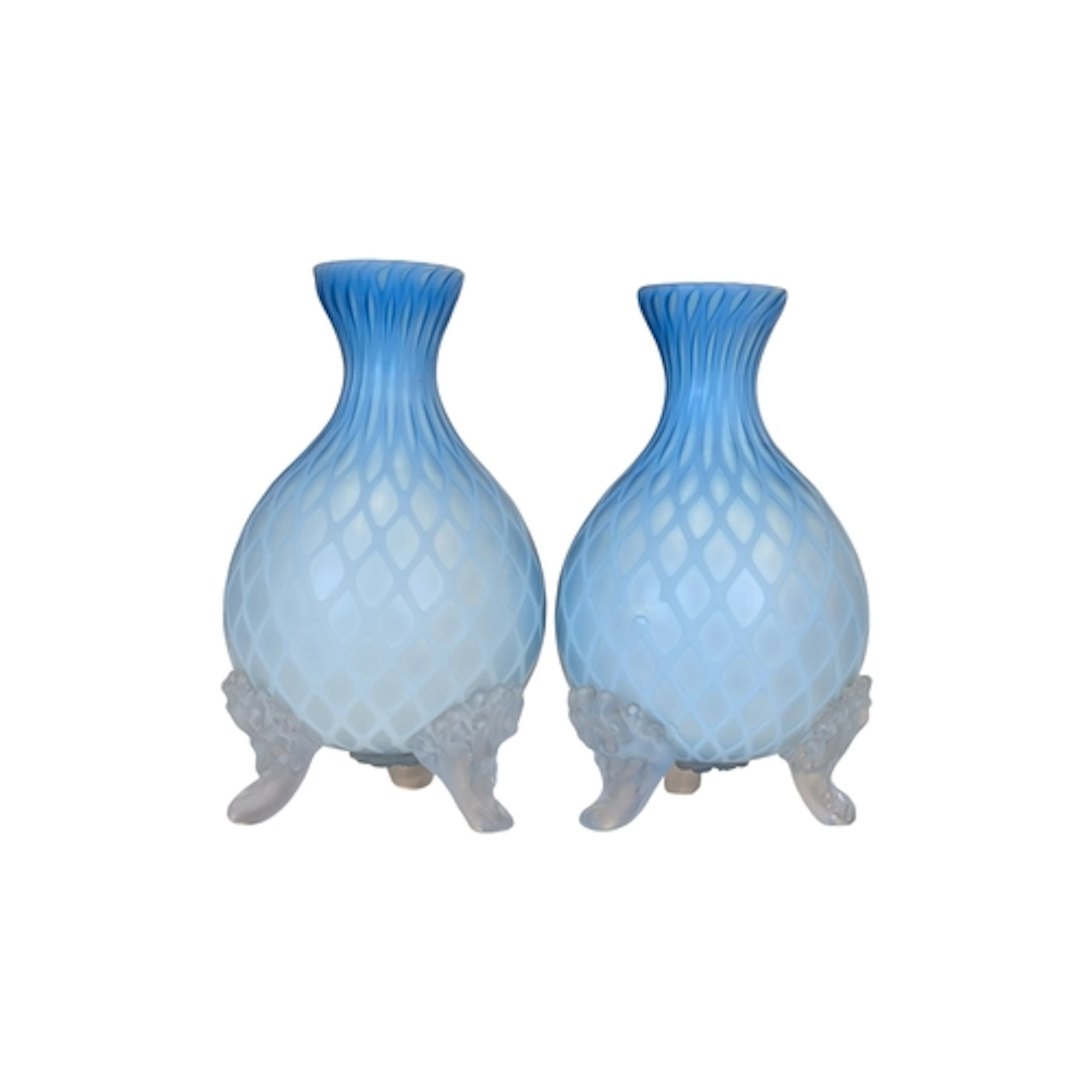 A pair of 19th century Victorian glass satin vases. In blue ...