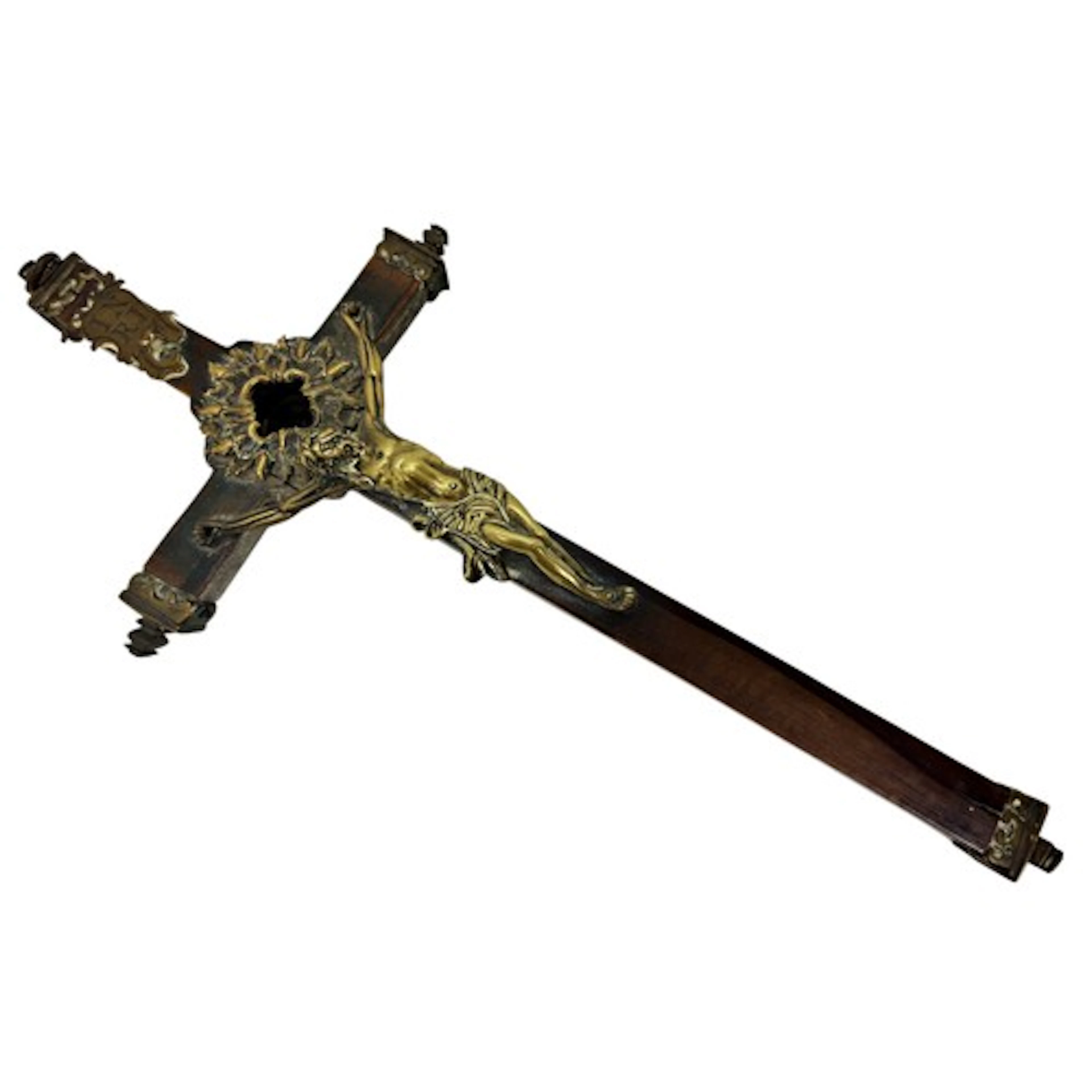 A finely crafted devotional cross of wooden construction, mo...