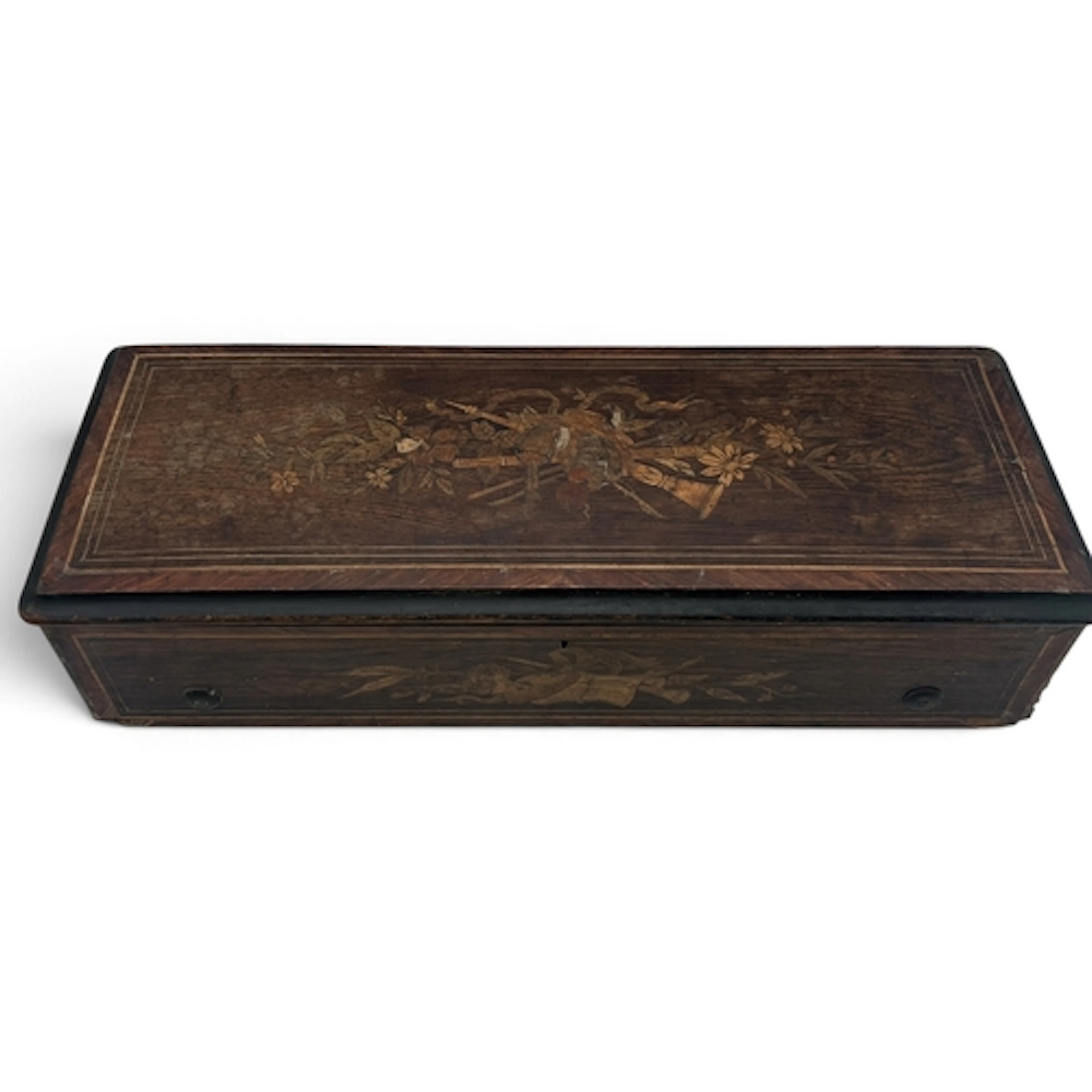 A 19TH CENTURY MARQUETRY INLAID MUSIC BOX Decorated with fol...