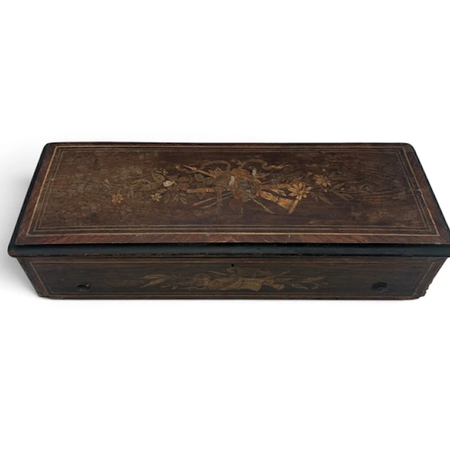 A 19TH CENTURY MARQUETRY INLAID MUSIC BOX Decorated with fol...