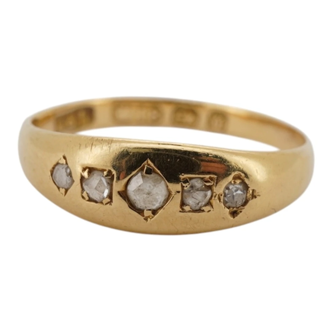 A late Victorian 18ct gold and gypsy set five stone diamond ...