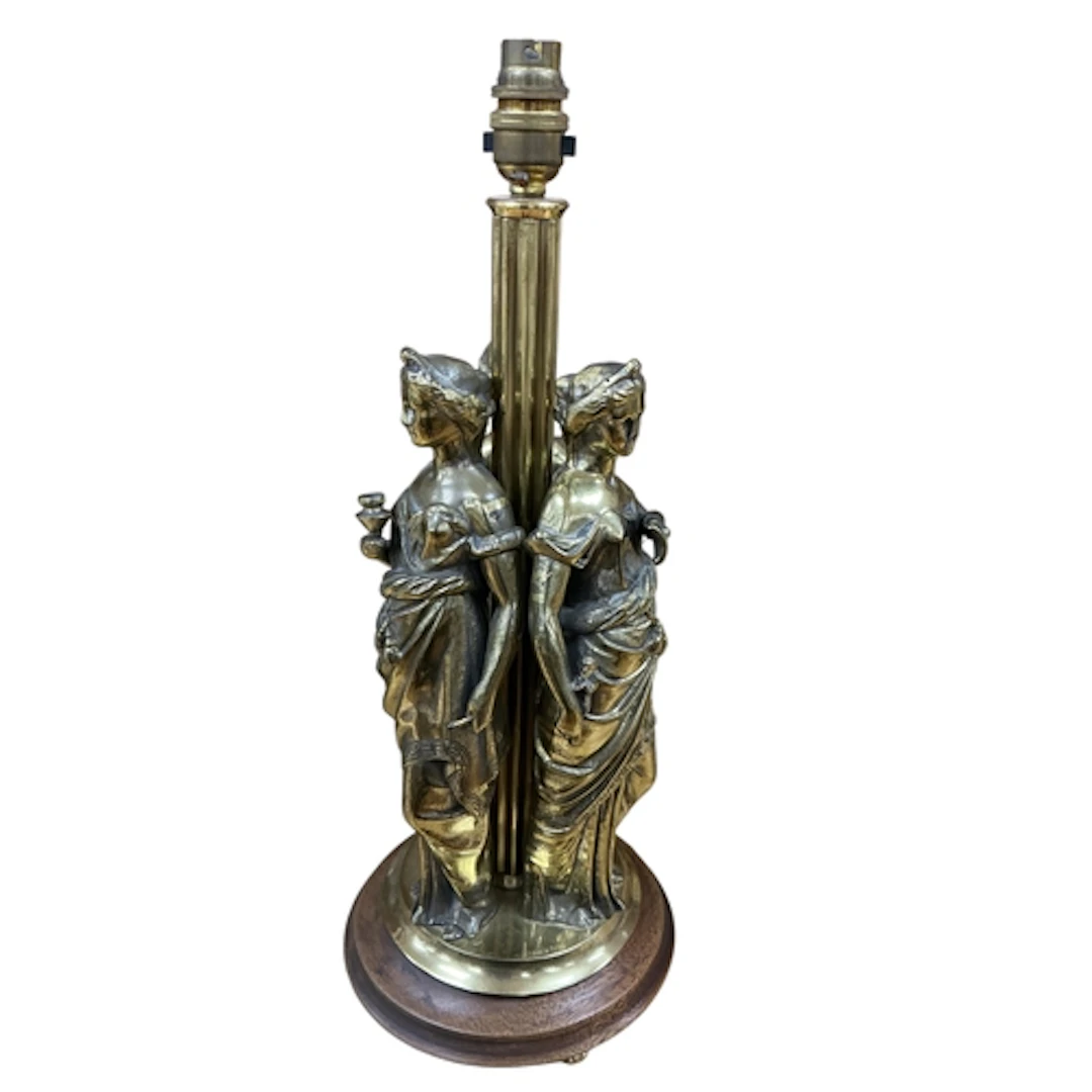 An early 20th century gilt brass Three Graces tablelamp, mah...