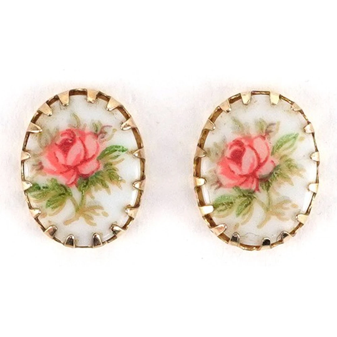 Pair of yellow metal porcelain stud earrings hand painted wi...