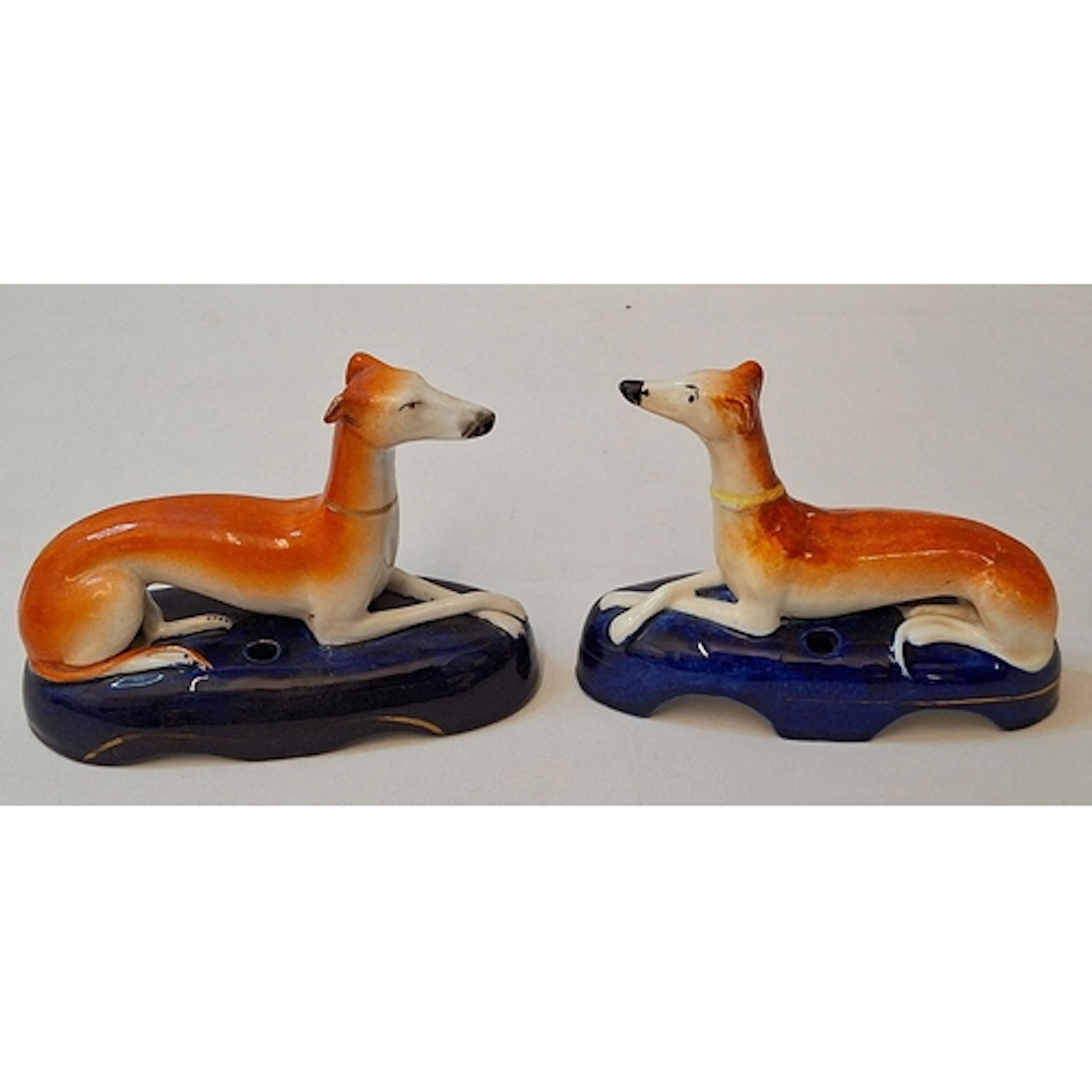2 Staffordshire Pottery Style Greyhound figurines on cobalt ...