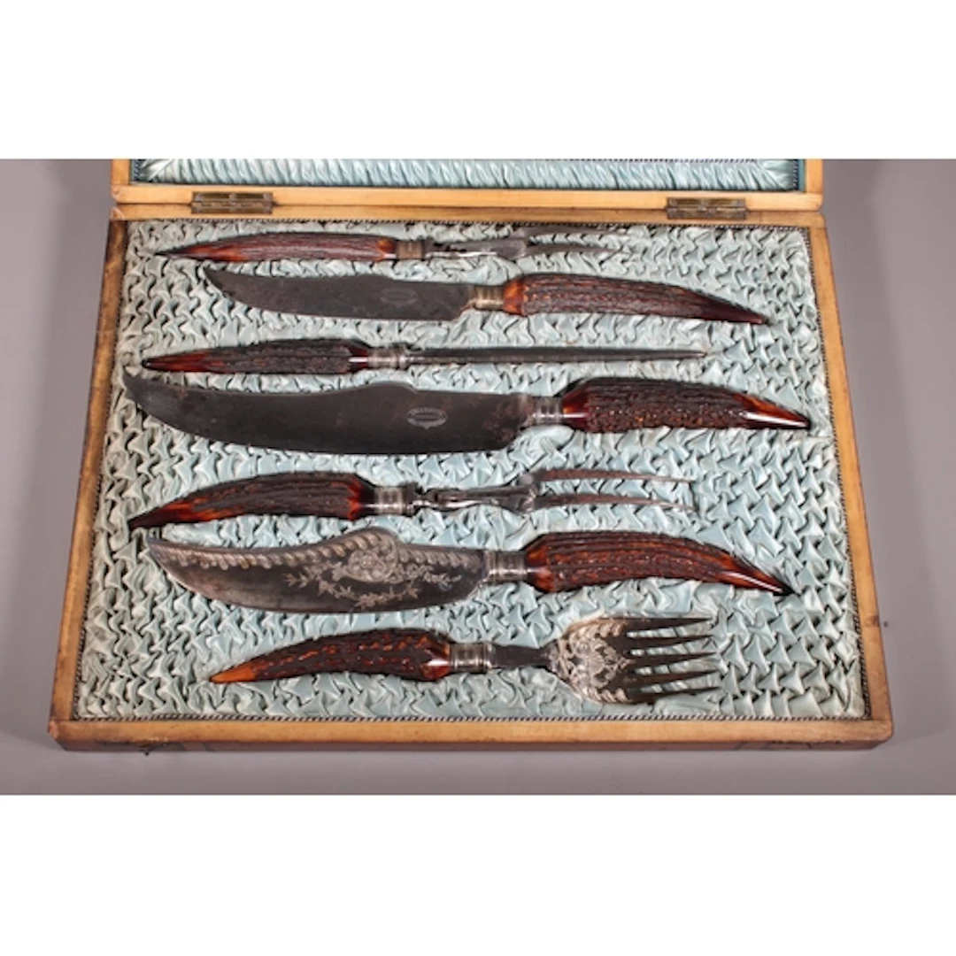 Victorian stag horn handled seven piece carving set with sil...