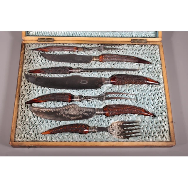 Victorian stag horn handled seven piece carving set with sil...