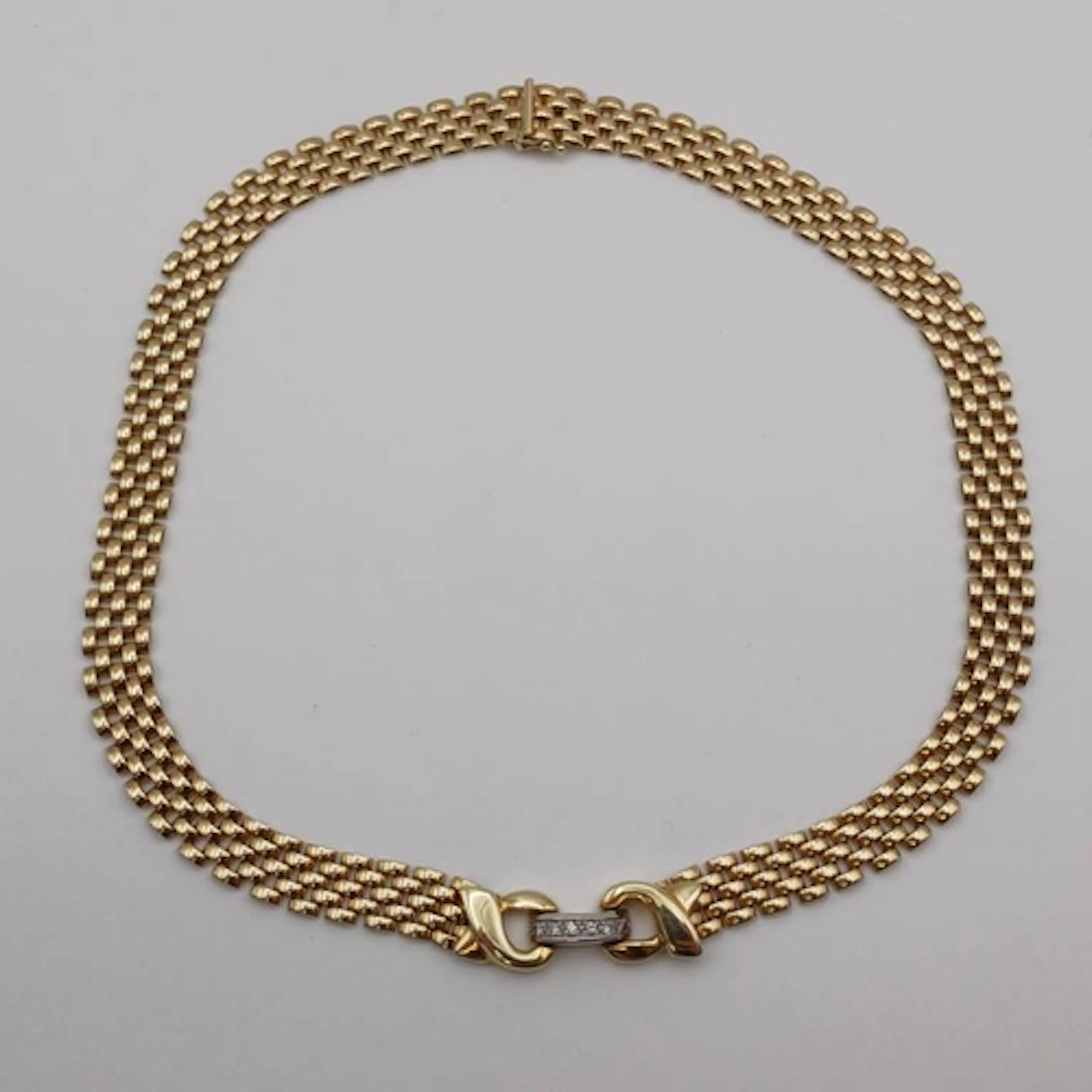 ITALIAN 14K GOLD FLAT LINK COLLAR NECKLACE WITH DIAMOND SET ...