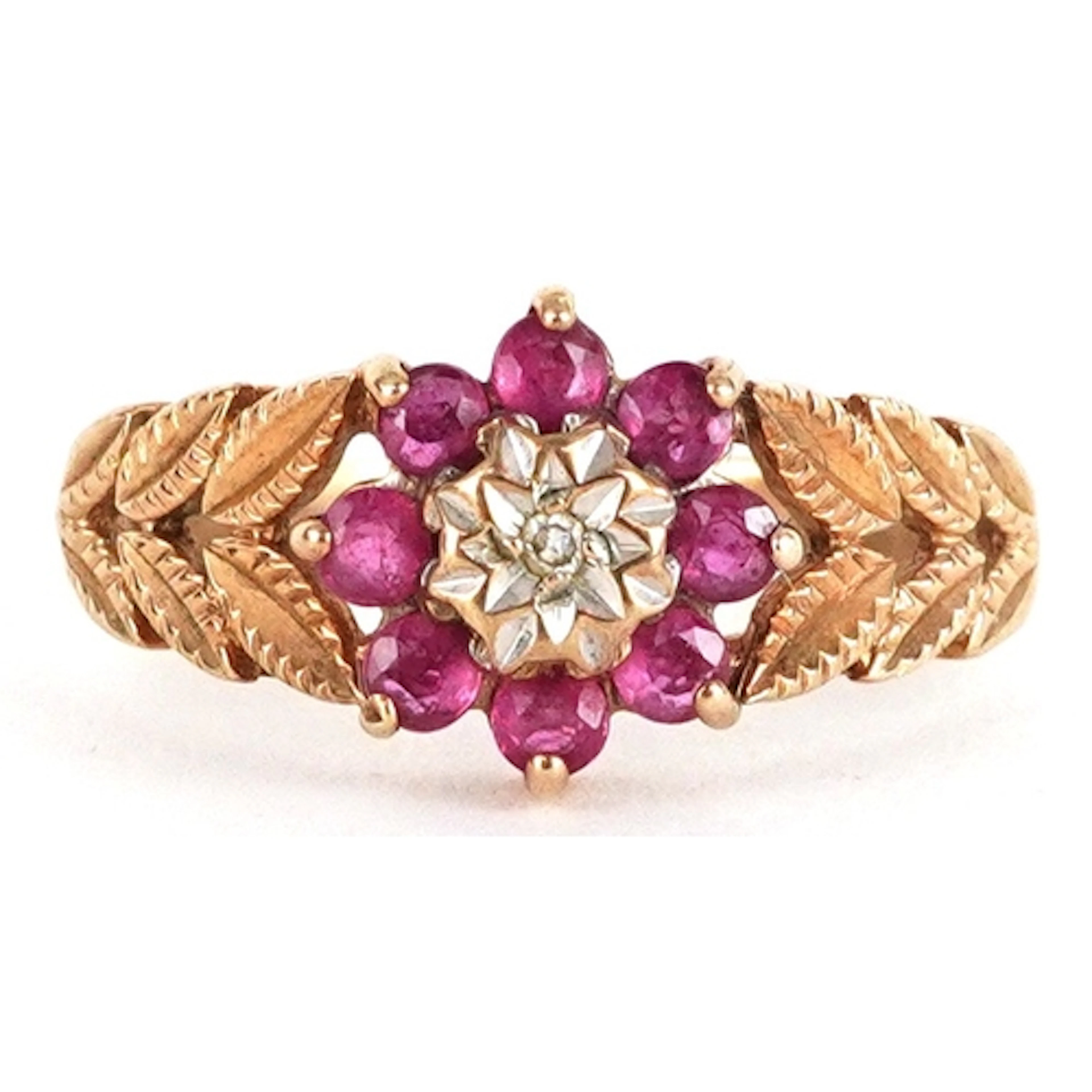 9ct gold diamond and pink stone flower head ring with pierce...