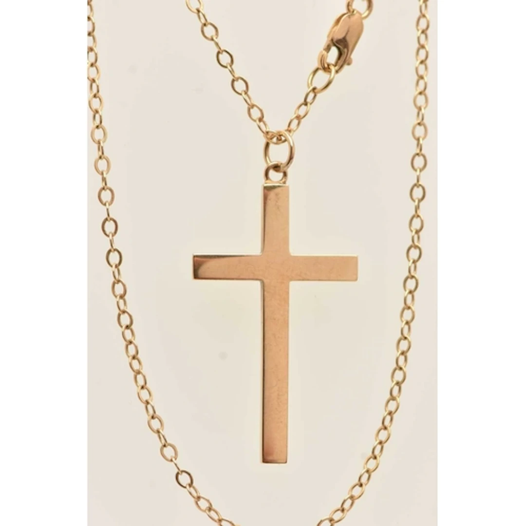 A 9CT YELLOW GOLD CROSS NECKLACE, a plain polished cross pen...