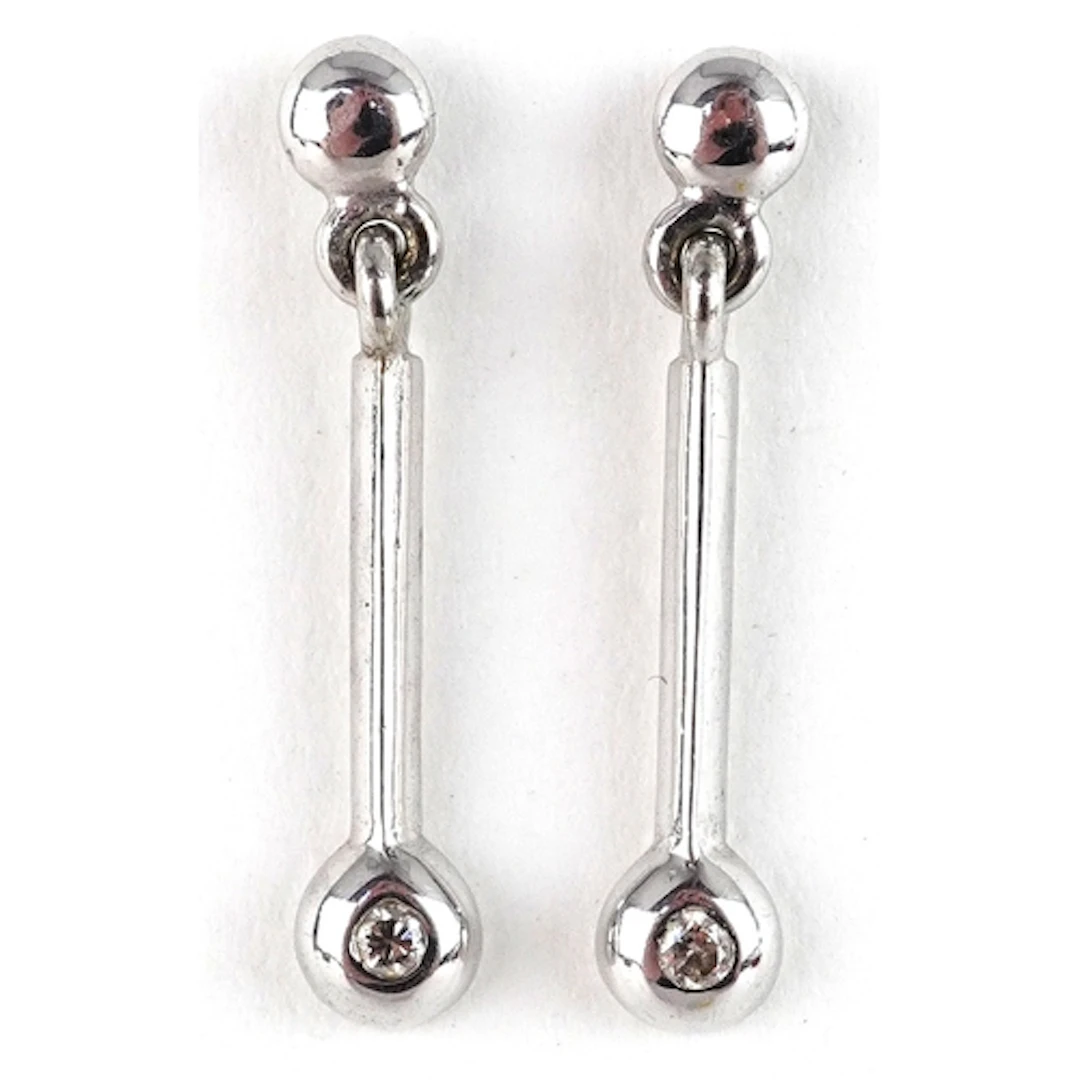 Pair of 9ct white gold diamond drop earrings, 2cm high, tota...