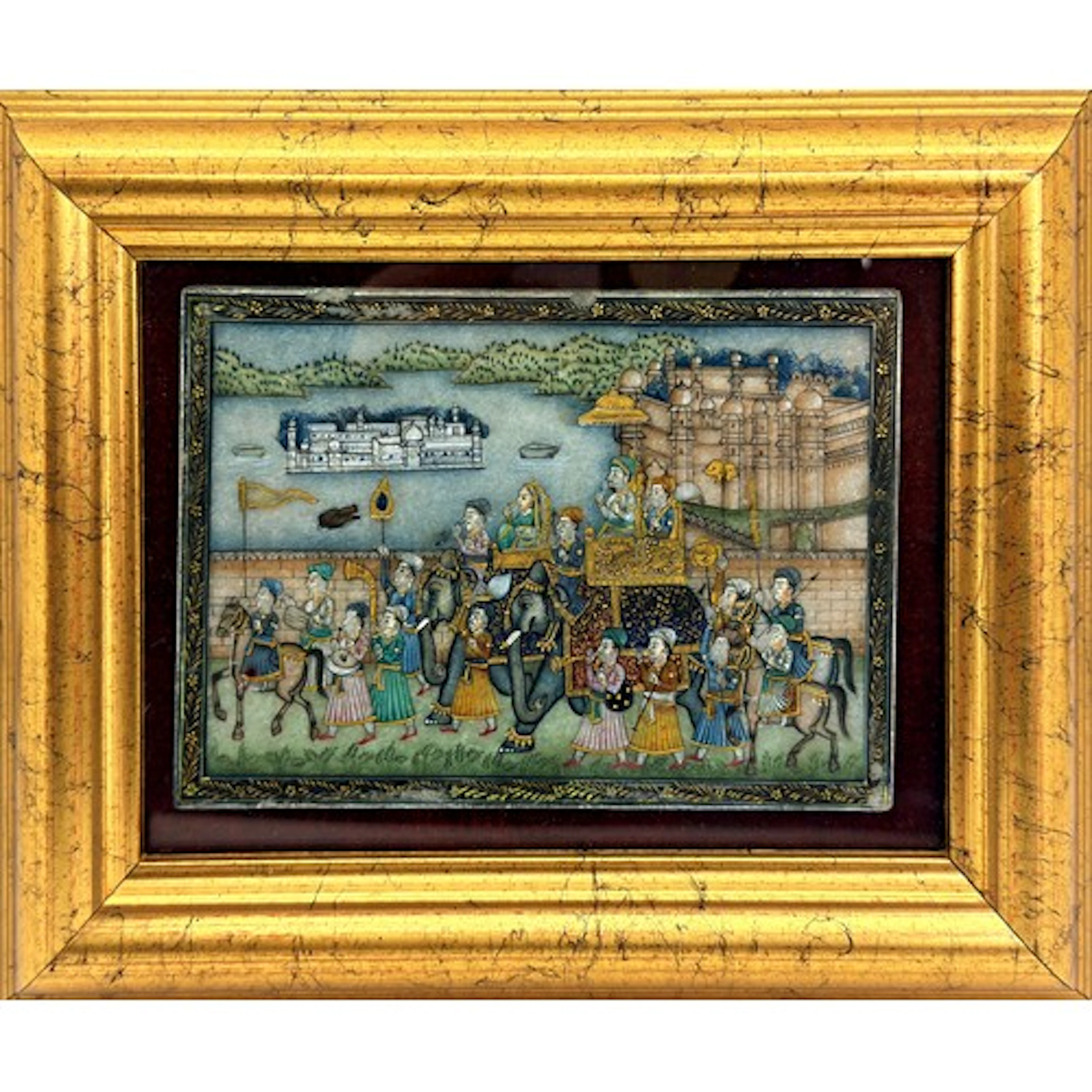An Indian watercolour on alabaster depicting a royal process...