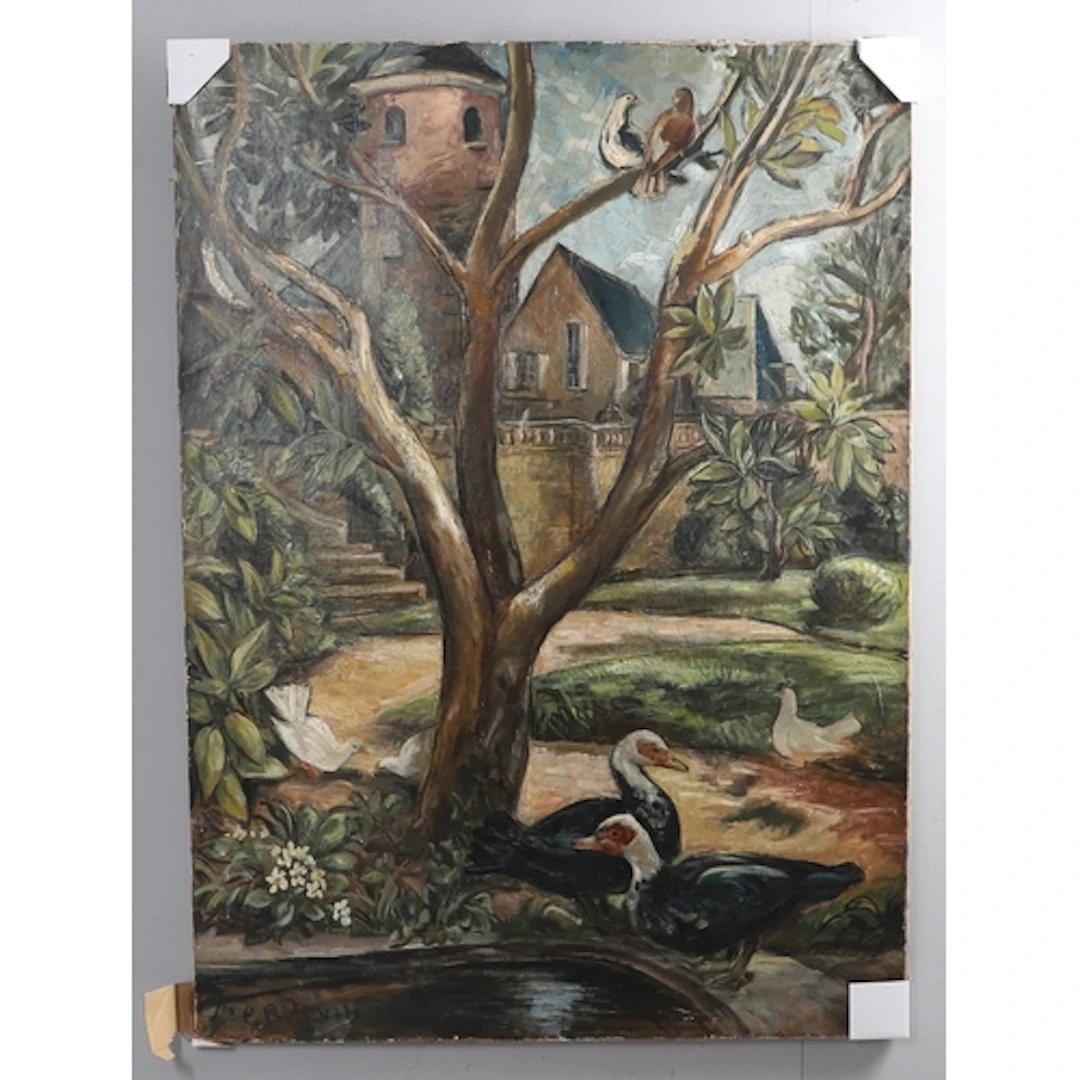 ALBERT J.-P. BERGEVIN (1887-1974). BIRDS RESTING BESIDE A PO...