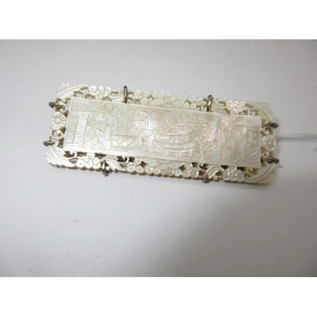 Chinese Carved Mother of Pearl Token Mounted as a Brooch, 6....
