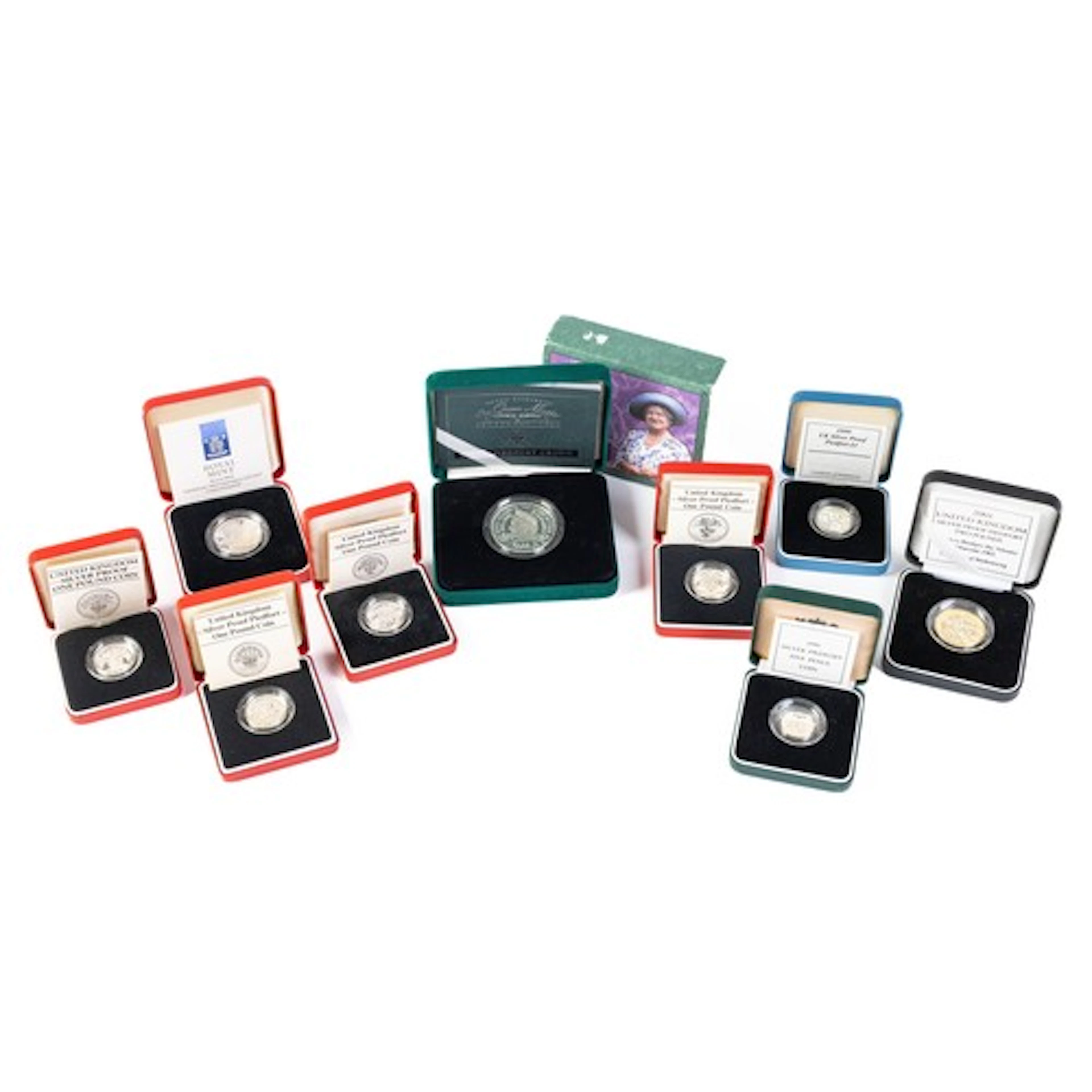 Boxed piedfort silver proof FDC collection with £5 2000 Quee...